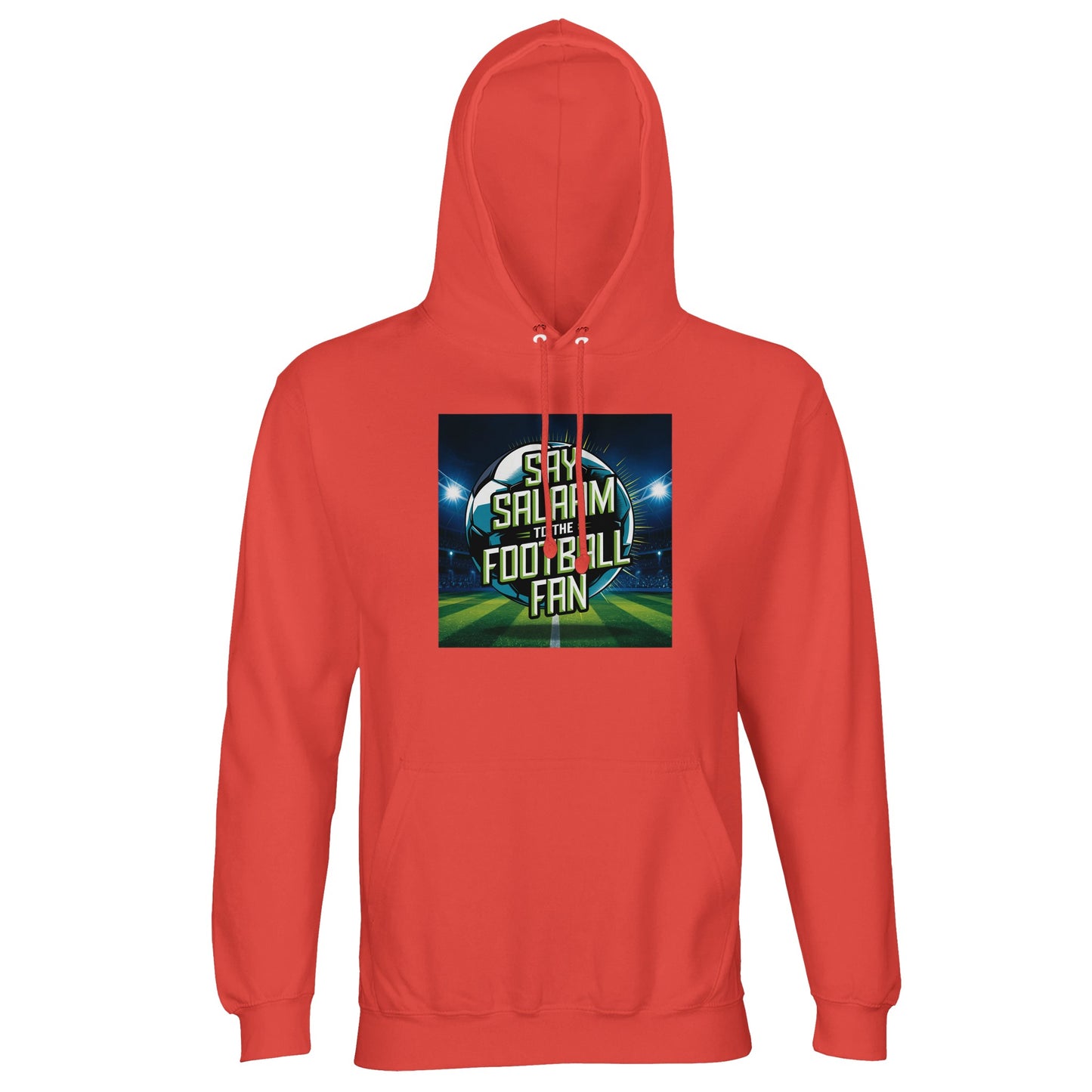 Pop Orange / Jasper / Faded Red Say Salaam to the Football Fan Design #2 hoodie showcasing a bold illuminated football graphic that contrasts strongly against the warm orange base. The colour adds visibility and personality without overpowering the print. Produced using a soft cotton and recycled polyester fleece blend, this affordable hoodie fits modest apparel needs, contemporary Muslim clothing tastes, and expressive Islamic-inspired casual wear from an Islamic shop.
