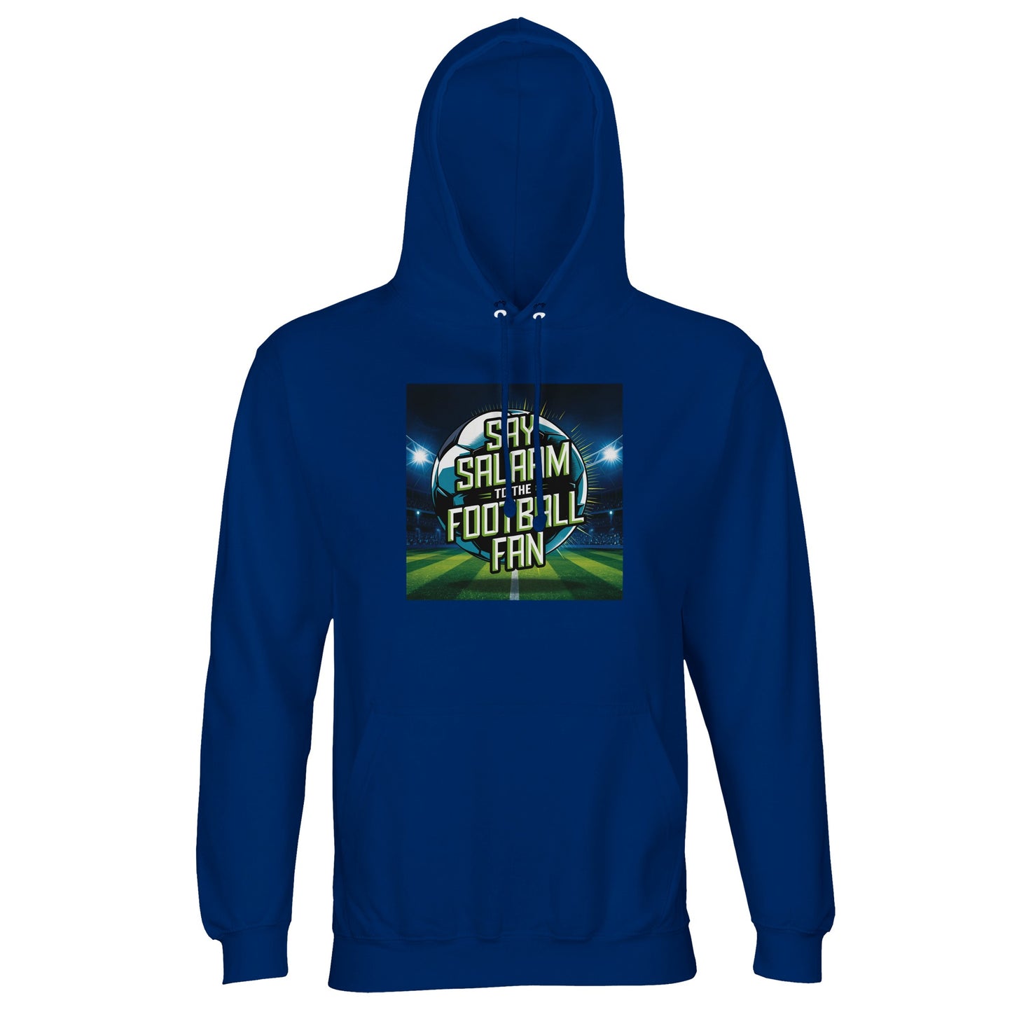 Royal Blue / Dark Midnight Blue Say Salaam to the Football Fan Design #2 hoodie showcasing a saturated blue tone that frames the football graphic and Salaam message clearly. The colour enhances visibility while maintaining balance in the design. Produced from a cotton and recycled polyester blend with brushed fleece lining, this well-priced hoodie suits modest apparel, Muslim clothing wardrobes, Islamic shop selections, football supporters, and everyday casual wear. This is what Muslims wear.