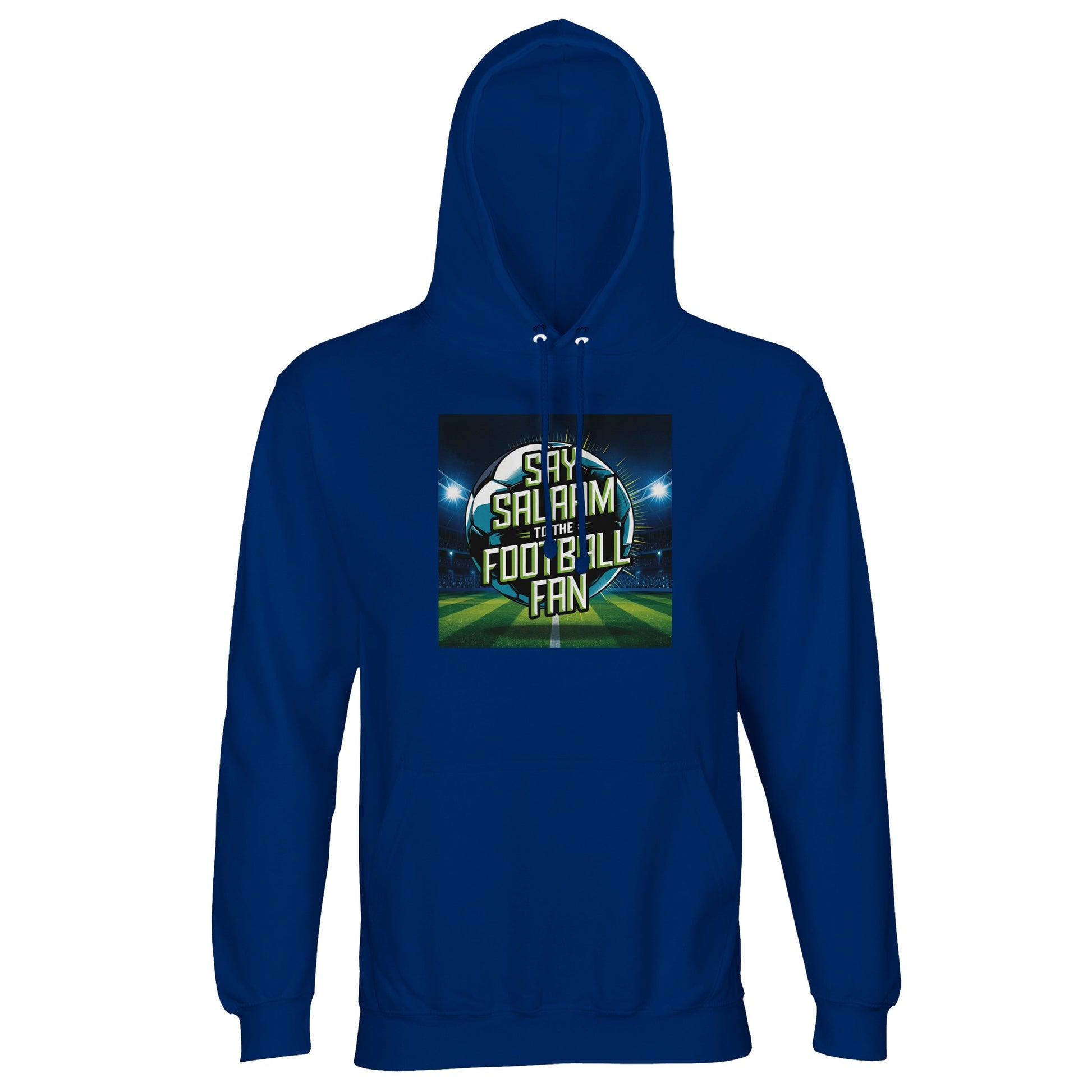 Royal Blue / Dark Midnight Blue Say Salaam to the Football Fan Design #2 hoodie showcasing a saturated blue tone that frames the football graphic and Salaam message clearly. The colour enhances visibility while maintaining balance in the design. Produced from a cotton and recycled polyester blend with brushed fleece lining, this well-priced hoodie suits modest apparel, Muslim clothing wardrobes, Islamic shop selections, football supporters, and everyday casual wear. This is what Muslims wear.
