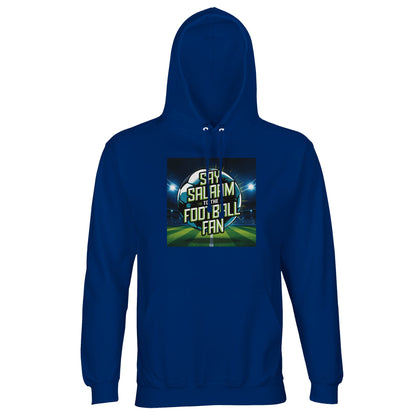 Royal Blue / Dark Midnight Blue Say Salaam to the Football Fan Design #2 hoodie showcasing a saturated blue tone that frames the football graphic and Salaam message clearly. The colour enhances visibility while maintaining balance in the design. Produced from a cotton and recycled polyester blend with brushed fleece lining, this well-priced hoodie suits modest apparel, Muslim clothing wardrobes, Islamic shop selections, football supporters, and everyday casual wear. This is what Muslims wear.
