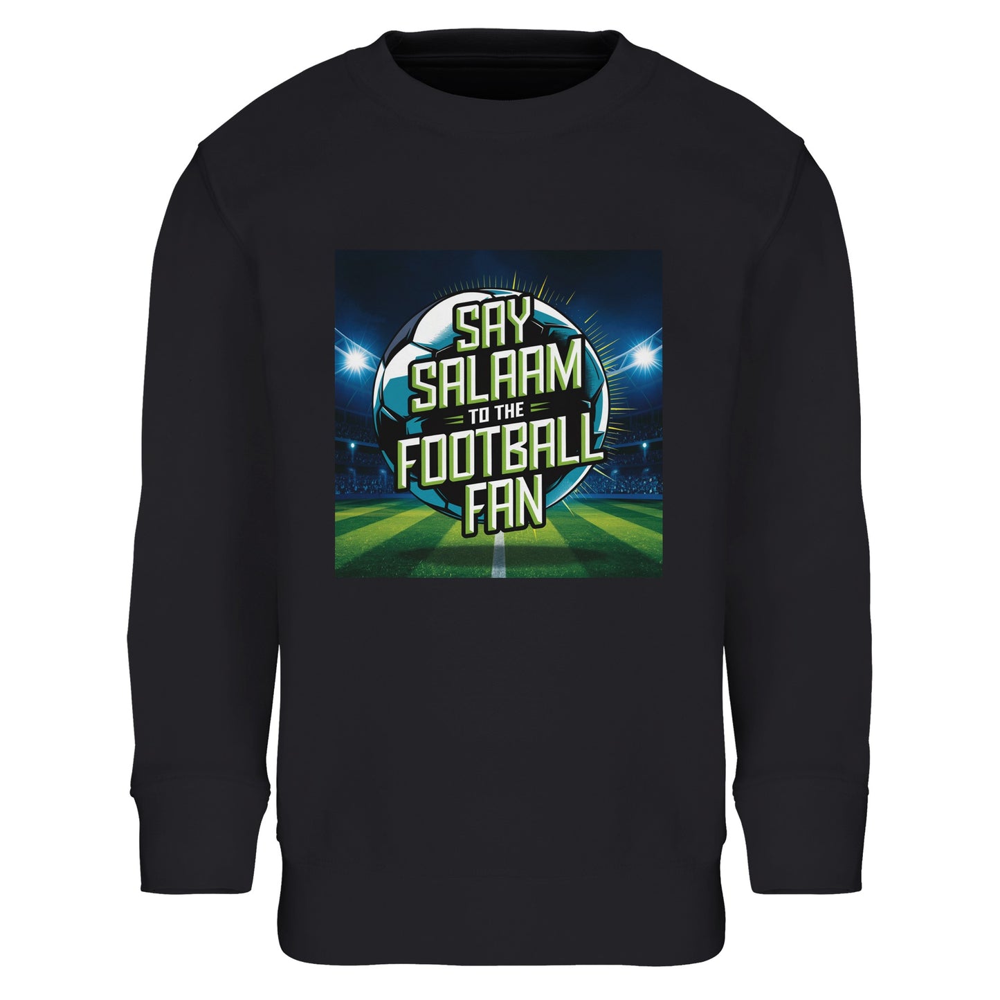 Black / Deep Black / Zeus Say Salaam to the Football Fan Design #2 kids sweatshirt featuring a bold football graphic set inside a floodlit stadium scene, with central Salaam lettering layered over a glowing pitch. Designed for young Muslim football supporters, this modest sweatshirt blends Islamic clothing values with everyday sportswear, ideal for school, weekends, mosque outings, matchdays, family viewing nights, and football conversations rooted in faith, identity, and community pride.