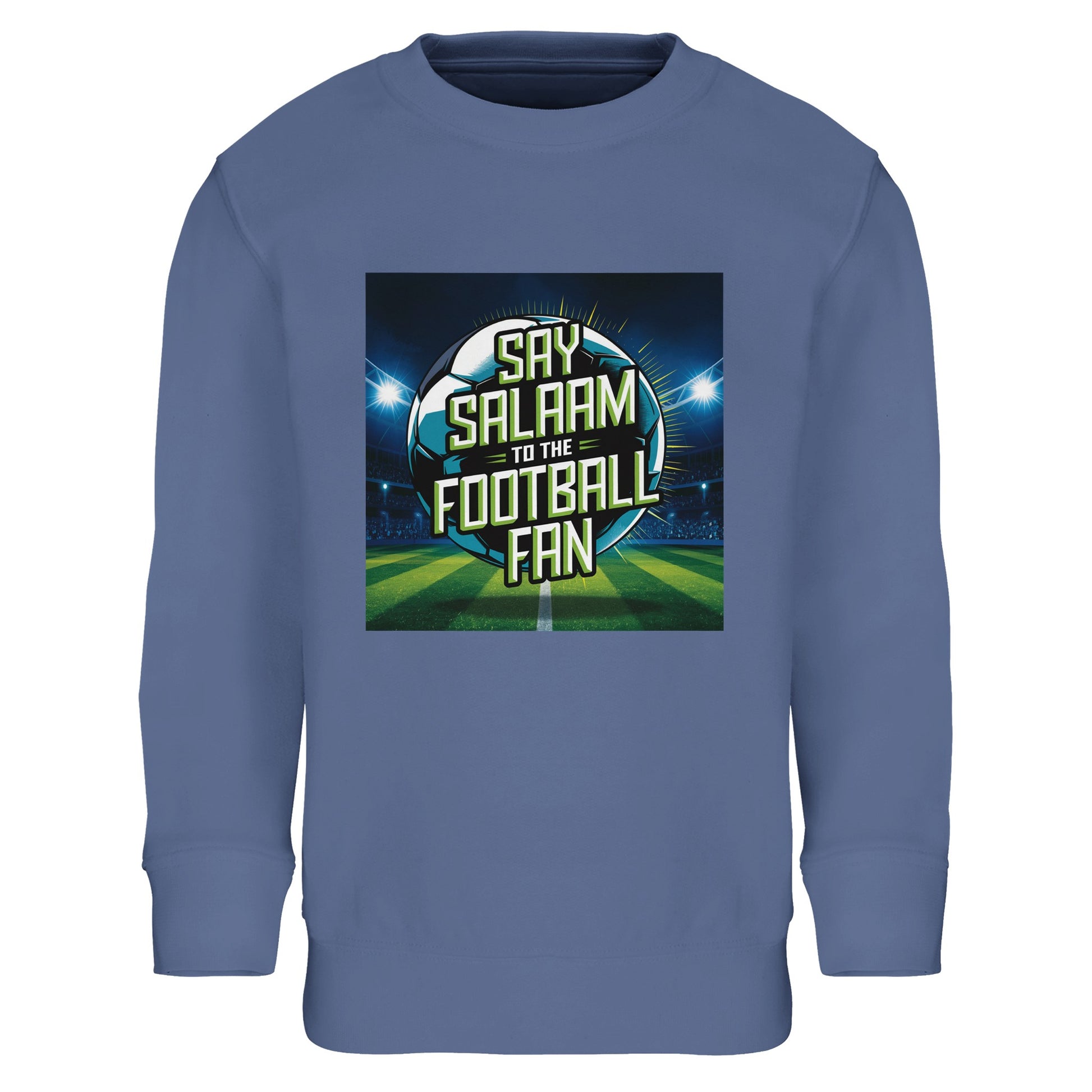 Blue / Marble Blue / Blue-Grey / Waikawa Grey Say Salaam to the Football Fan Design #2 kids sweatshirt combining a cool blue base with a vibrant stadium football illustration and prominent Salaam text. Created for Muslim children who follow football passionately, this piece fits naturally into modest apparel wardrobes, offering Islamic shop style that reflects matchday excitement, grassroots fandom, youth football culture, and family traditions around watching the game together.