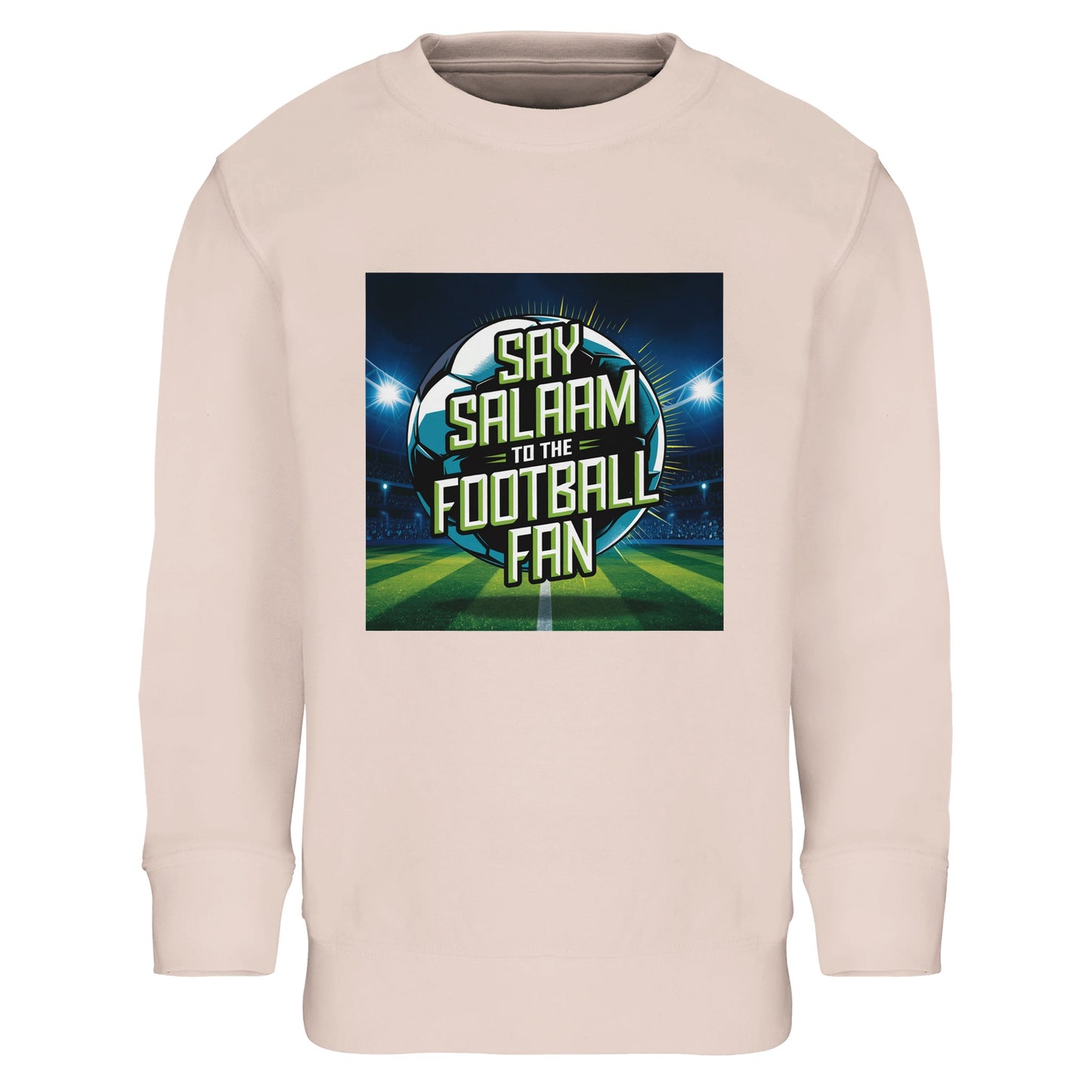 Creamy Pink / Oyster Pink Say Salaam to the Football Fan Design #2 kids sweatshirt pairing a soft pastel base with a vibrant football stadium scene and central Salaam text. Designed for young Muslim football fans who enjoy gentler tones, this modest apparel piece blends Islamic clothing sensibilities with sport-inspired visuals for daily wear, playtime, and family match traditions.