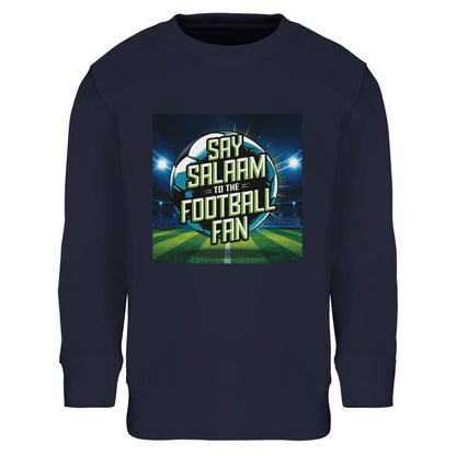 French Navy / Ebony Clay Say Salaam to the Football Fan Design #2 kids sweatshirt featuring a rich navy tone that grounds the illuminated stadium football artwork and central Salaam message. Ideal for Muslim families seeking modest apparel that feels timeless and wearable, this Islamic children’s jumper reflects football loyalty, calm confidence, and a balanced blend of faith-based identity and modern sports culture.