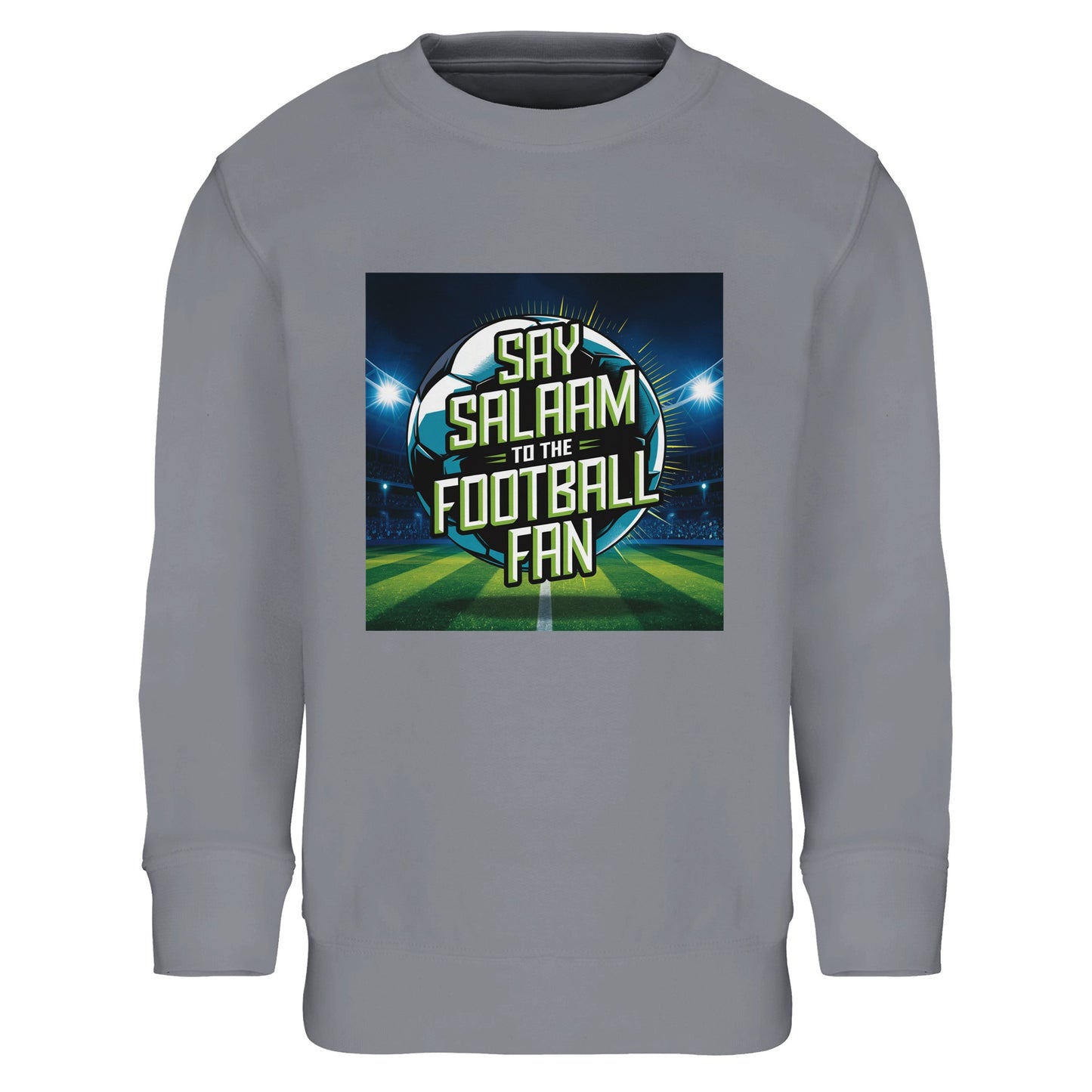 Grey Melange / Heather Grey / Marl Grey / Classic Athletic Grey Blend Say Salaam to the Football Fan Design #2 kids sweatshirt offering a soft athletic base that highlights the glowing football pitch design and layered Salaam text. A versatile choice within Muslim clothing wardrobes, this modest childrens’ sweatshirt suits everyday routines, school days, training sessions, and relaxed match viewing while expressing Islamic identity in a clean, wearable way.