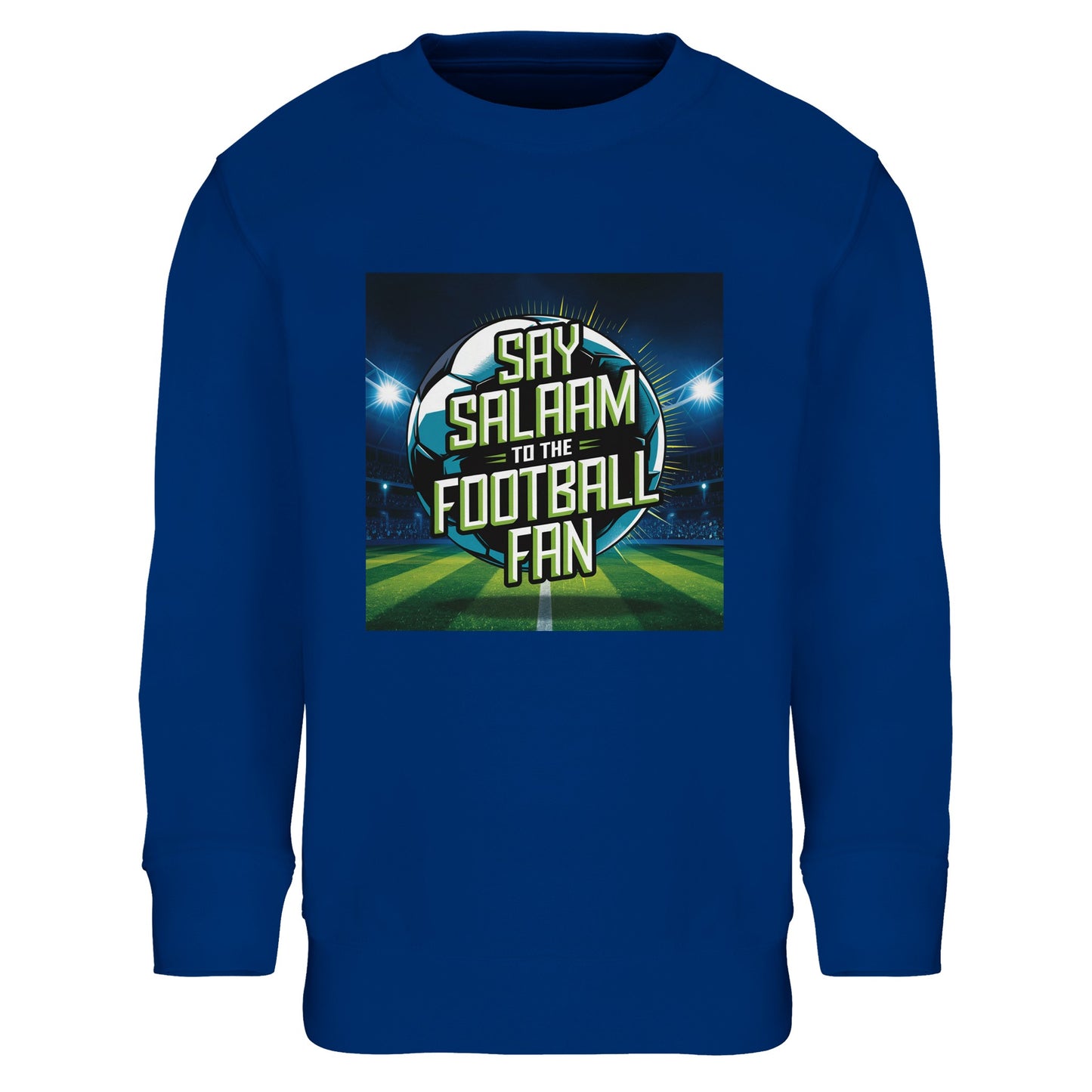 Royal Blue / Dark Midnight Blue Say Salaam to the Football Fan Design #2 kids sweatshirt featuring a strong blue tone that frames the detailed football artwork and bold Salaam typography. Designed for Muslim families seeking modest apparel with personality, this sweatshirt reflects football loyalty, youth culture, and Islamic values, suitable for school, casual outings, and weekend match rituals.