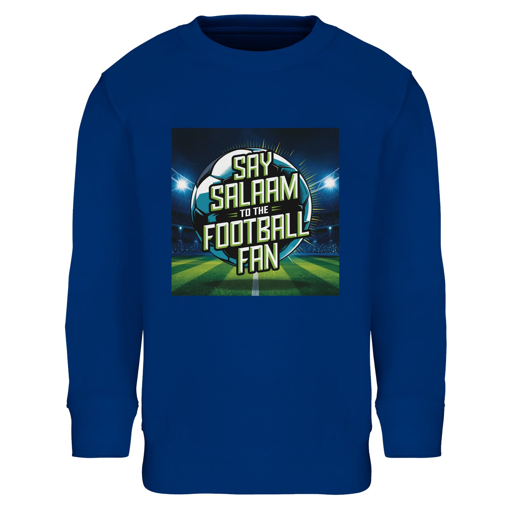 Royal Blue / Dark Midnight Blue Say Salaam to the Football Fan Design #2 kids sweatshirt featuring a strong blue tone that frames the detailed football artwork and bold Salaam typography. Designed for Muslim families seeking modest apparel with personality, this sweatshirt reflects football loyalty, youth culture, and Islamic values, suitable for school, casual outings, and weekend match rituals.