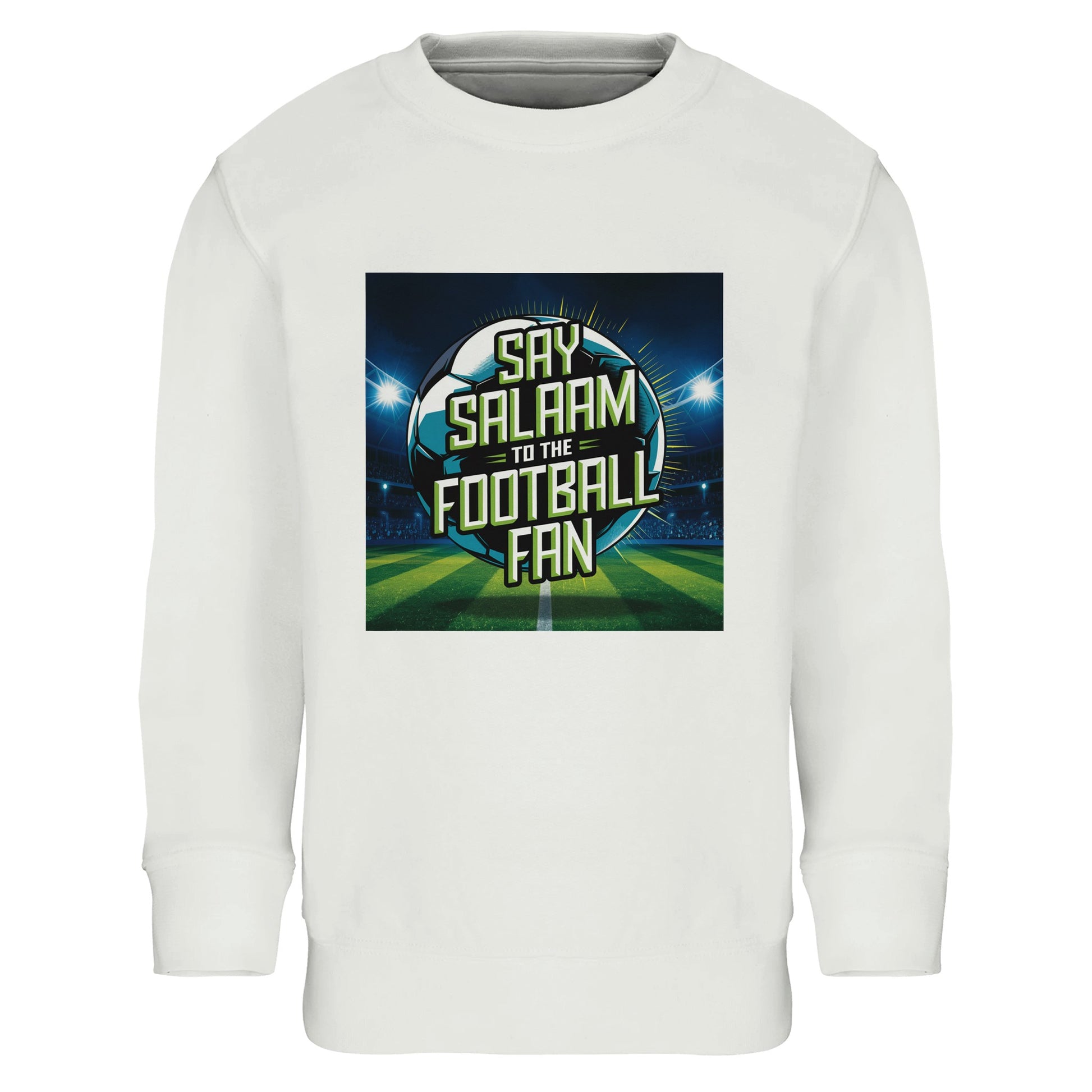 White / Platinum Say Salaam to the Football Fan Design #2 kids sweatshirt presenting a clean, neutral backdrop that allows the stadium football print and Salaam lettering to stand out clearly. A popular option within Muslim clothing ranges, this modest wear jumper supports everyday comfort while celebrating football fandom, faith-driven identity, and inclusive Islamic apparel.