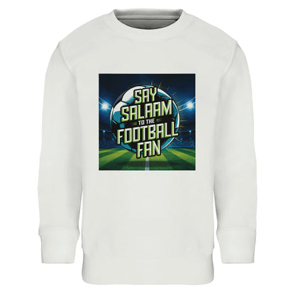 White / Platinum Say Salaam to the Football Fan Design #2 kids sweatshirt presenting a clean, neutral backdrop that allows the stadium football print and Salaam lettering to stand out clearly. A popular option within Muslim clothing ranges, this modest wear jumper supports everyday comfort while celebrating football fandom, faith-driven identity, and inclusive Islamic apparel.