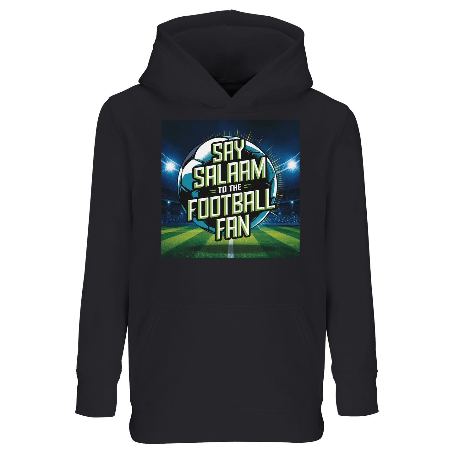 Say Salaam to the Football Fan Design #2 Part-Recycled Cotton-Poly Kids Hoodie – Black / Deep Black / Zeus with bright stadium artwork across the front. A kids football fan hoodie for young supporters searching for new football hoodies, FC teamwear, soccer gifts, club fanwear and the best price. Perfect for children who follow scores, fixtures, goals and highlight clips. Not a replica kit — this warm hoodie suits school days, kickabouts, stadium trips, match tickets and everyday football culture.