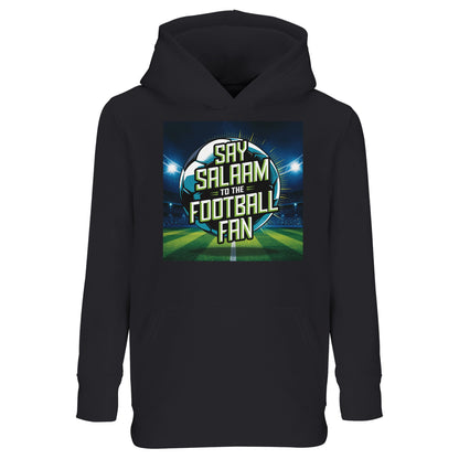 Say Salaam to the Football Fan Design #2 Part-Recycled Cotton-Poly Kids Hoodie – Black / Deep Black / Zeus with bright stadium artwork across the front. A kids football fan hoodie for young supporters searching for new football hoodies, FC teamwear, soccer gifts, club fanwear and the best price. Perfect for children who follow scores, fixtures, goals and highlight clips. Not a replica kit — this warm hoodie suits school days, kickabouts, stadium trips, match tickets and everyday football culture.