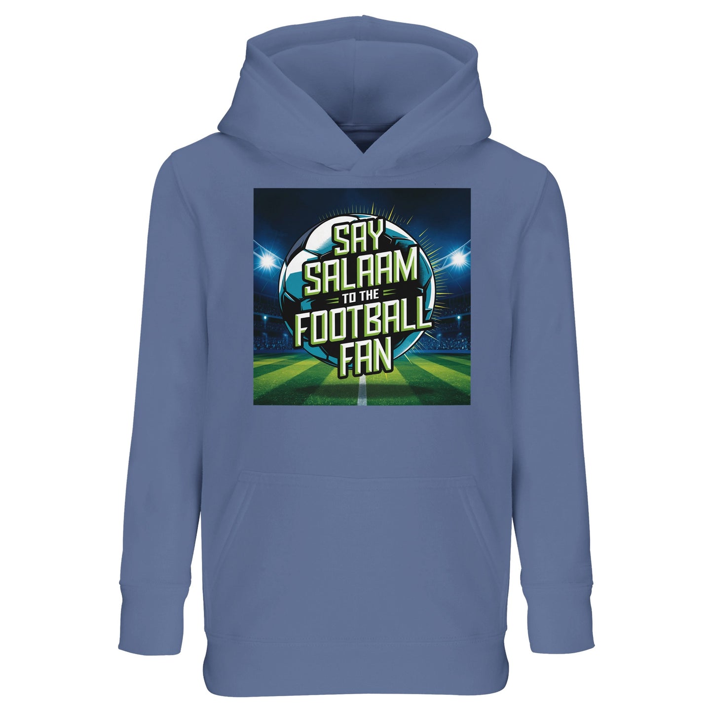 Say Salaam to the Football Fan Design #2 Part-Recycled Cotton-Poly Kids Hoodie – Blue / Marble Blue / Blue-Grey / Waikawa Grey with glowing stadium colours and bold football text. A kids soccer fan hoodie for supporters searching for new FC hoodies, Premier League merch, football gifts and club fanwear. Ideal for children who check fixtures, scores, goals and highlight videos. Not a replica kit — this warm hooded jumper suits school days, kickabouts, stadium trips and ticket nights.