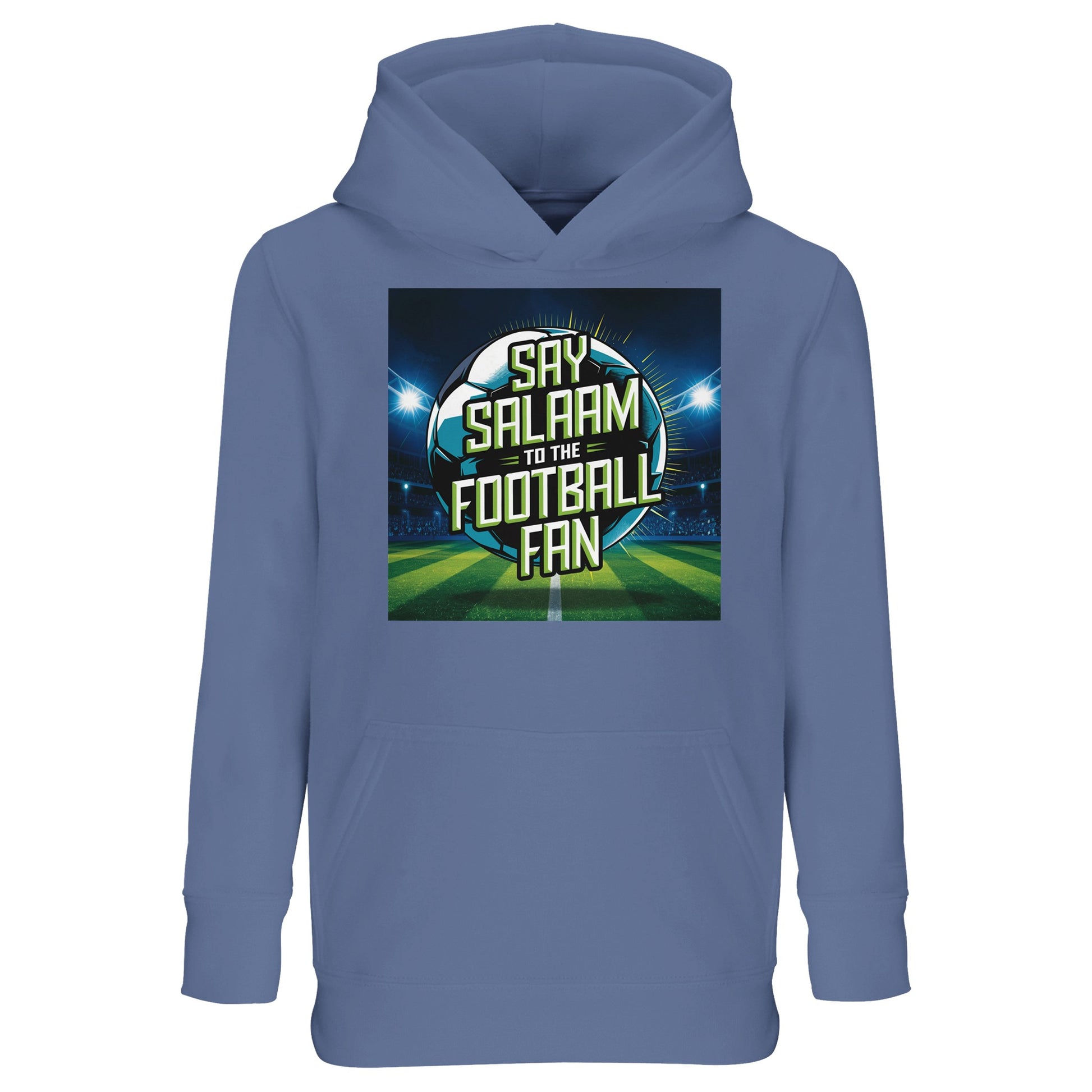 Say Salaam to the Football Fan Design #2 Part-Recycled Cotton-Poly Kids Hoodie – Blue / Marble Blue / Blue-Grey / Waikawa Grey with glowing stadium colours and bold football text. A kids soccer fan hoodie for supporters searching for new FC hoodies, Premier League merch, football gifts and club fanwear. Ideal for children who check fixtures, scores, goals and highlight videos. Not a replica kit — this warm hooded jumper suits school days, kickabouts, stadium trips and ticket nights.
