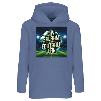 Say Salaam to the Football Fan Design #2 Part-Recycled Cotton-Poly Kids Hoodie – Blue / Marble Blue / Blue-Grey / Waikawa Grey with glowing stadium colours and bold football text. A kids soccer fan hoodie for supporters searching for new FC hoodies, Premier League merch, football gifts and club fanwear. Ideal for children who check fixtures, scores, goals and highlight videos. Not a replica kit — this warm hooded jumper suits school days, kickabouts, stadium trips and ticket nights.