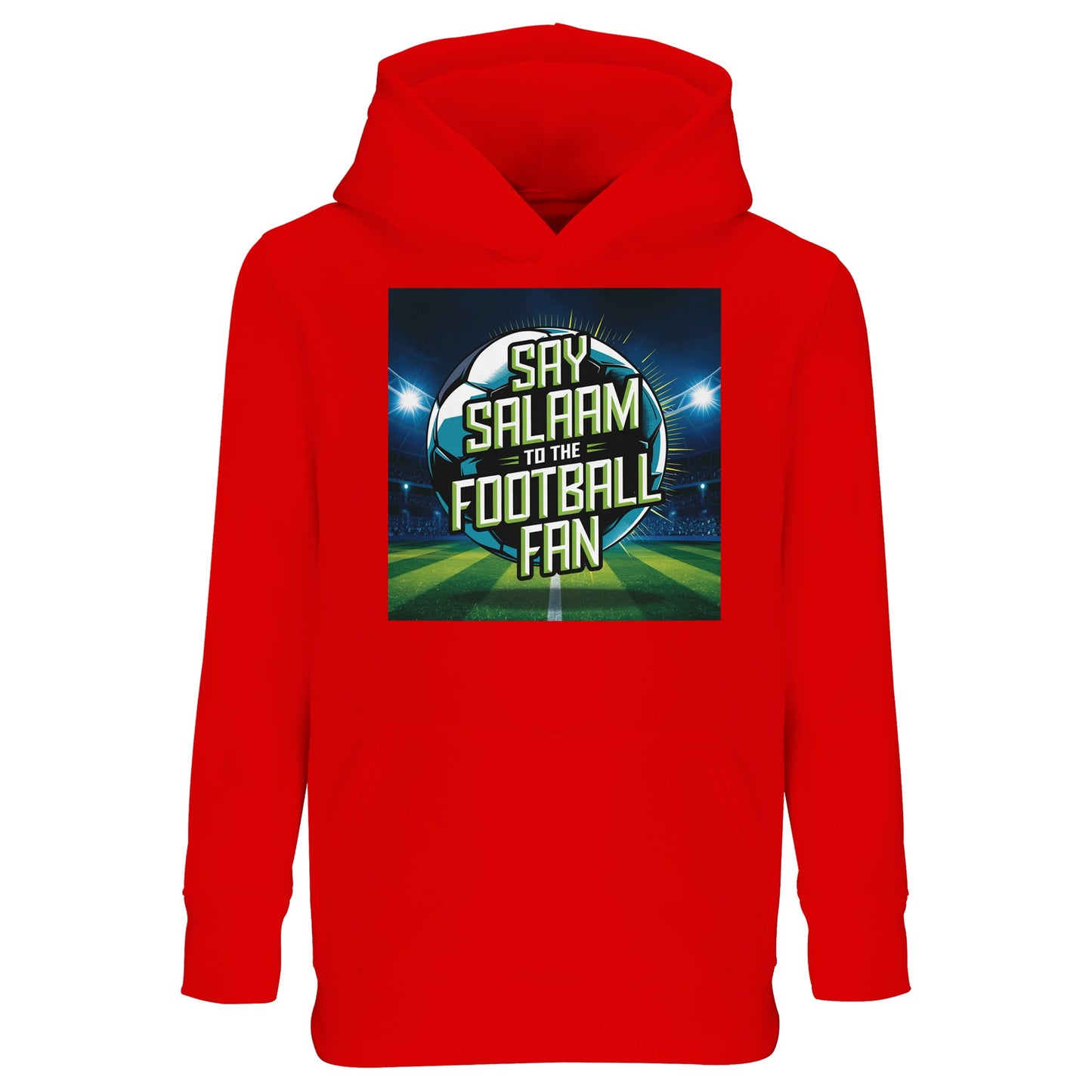 Say Salaam to the Football Fan Design #2 Part-Recycled Cotton-Poly Kids Hoodie – Bright Red / Rosso Corsa with match-night lighting around bold football text. A kids football fan hoodie for young supporters searching for FC team hoodies, soccer gifts, new football clothing and the best price. Children who follow fixtures, scores, goals and highlight clips will recognise the stadium feel. Not a replica kit — this low-priced warm hooded pullover suits kickabouts, school days, ticket matches and weekend footba