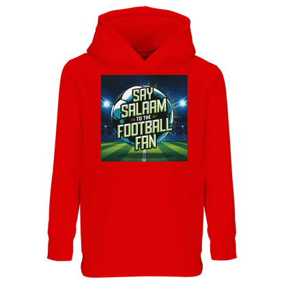 Say Salaam to the Football Fan Design #2 Part-Recycled Cotton-Poly Kids Hoodie – Bright Red / Rosso Corsa with match-night lighting around bold football text. A kids football fan hoodie for young supporters searching for FC team hoodies, soccer gifts, new football clothing and the best price. Children who follow fixtures, scores, goals and highlight clips will recognise the stadium feel. Not a replica kit — this low-priced warm hooded pullover suits kickabouts, school days, ticket matches and weekend footba