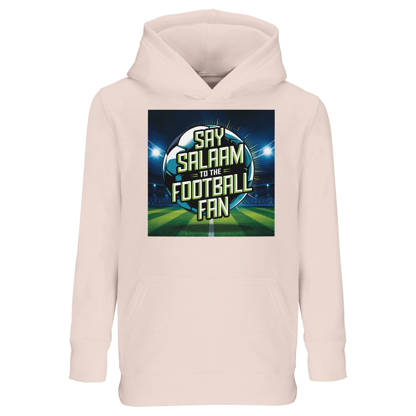 Say Salaam to the Football Fan Design #2 Part-Recycled Cotton-Poly Kids Hoodie – Creamy Pink / Oyster Pink with soft stadium glow across the football graphic. A kids football fan hoodie for supporters searching for FC hoodies, new soccer clothing, club gifts, Premier League fanwear and the best price. Ideal for fixtures, scores, goals and highlight clips. Not a replica kit — this warm hooded top suits school days, stadium visits, kickabouts and ticketed occasions.
