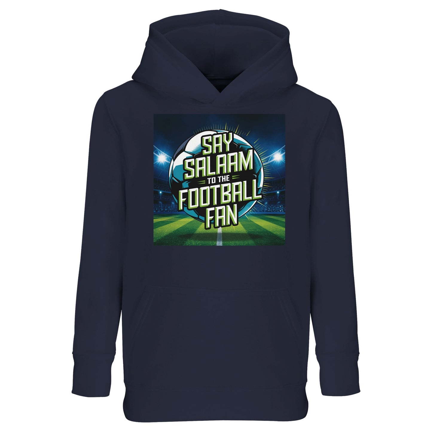 Say Salaam to the Football Fan Design #2 Part-Recycled Cotton-Poly Kids Hoodie – French Navy / Ebony Clay with deep stadium colours and crisp football text. A kids football fan hoodie for supporters searching for new FC hoodies, Premier League fanwear, soccer gifts, club merch and the best price. Great for following fixtures, scores, tables and highlight videos. Not a replica kit — this warm hooded jumper suits stadium visits, ticket outings, school days and everyday football life.