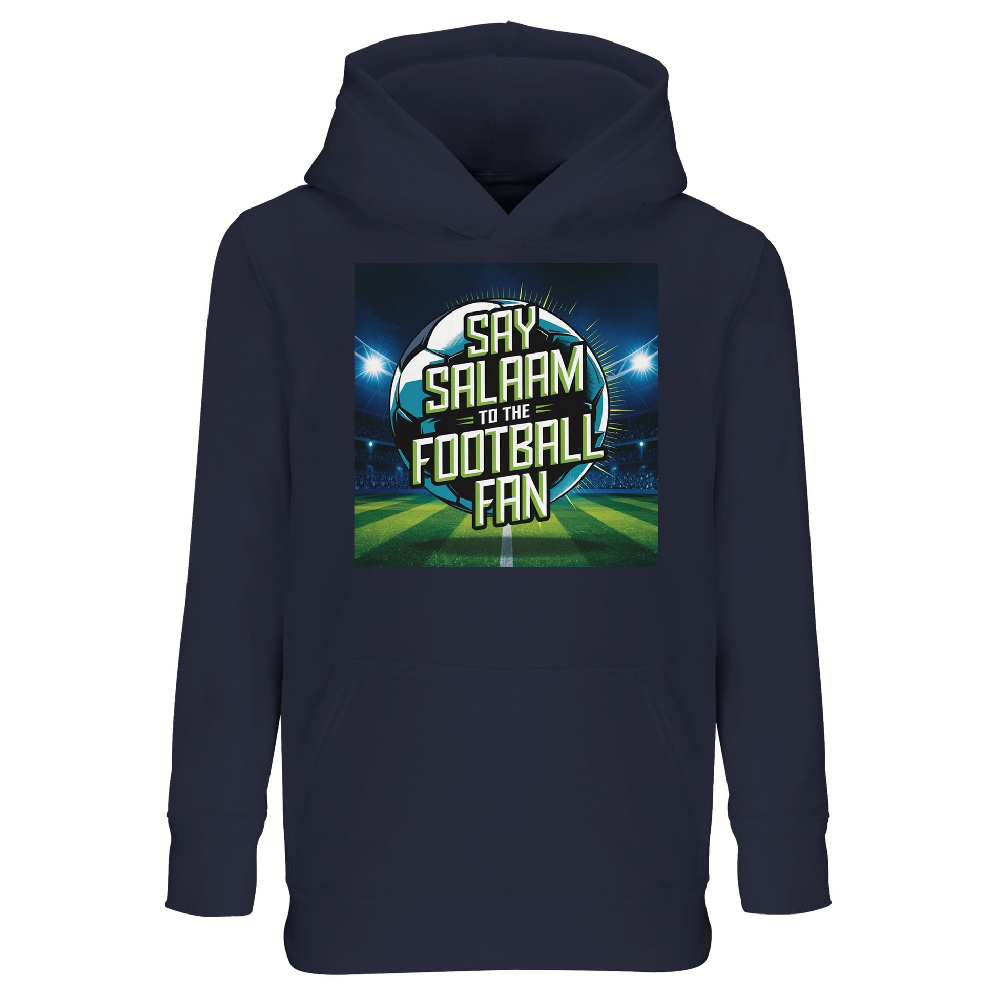 Say Salaam to the Football Fan Design #2 Part-Recycled Cotton-Poly Kids Hoodie – French Navy / Ebony Clay with deep stadium colours and crisp football text. A kids football fan hoodie for supporters searching for new FC hoodies, Premier League fanwear, soccer gifts, club merch and the best price. Great for following fixtures, scores, tables and highlight videos. Not a replica kit — this warm hooded jumper suits stadium visits, ticket outings, school days and everyday football life.