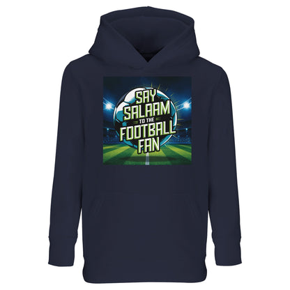 Say Salaam to the Football Fan Design #2 Part-Recycled Cotton-Poly Kids Hoodie – French Navy / Ebony Clay with deep stadium colours and crisp football text. A kids football fan hoodie for supporters searching for new FC hoodies, Premier League fanwear, soccer gifts, club merch and the best price. Great for following fixtures, scores, tables and highlight videos. Not a replica kit — this warm hooded jumper suits stadium visits, ticket outings, school days and everyday football life.