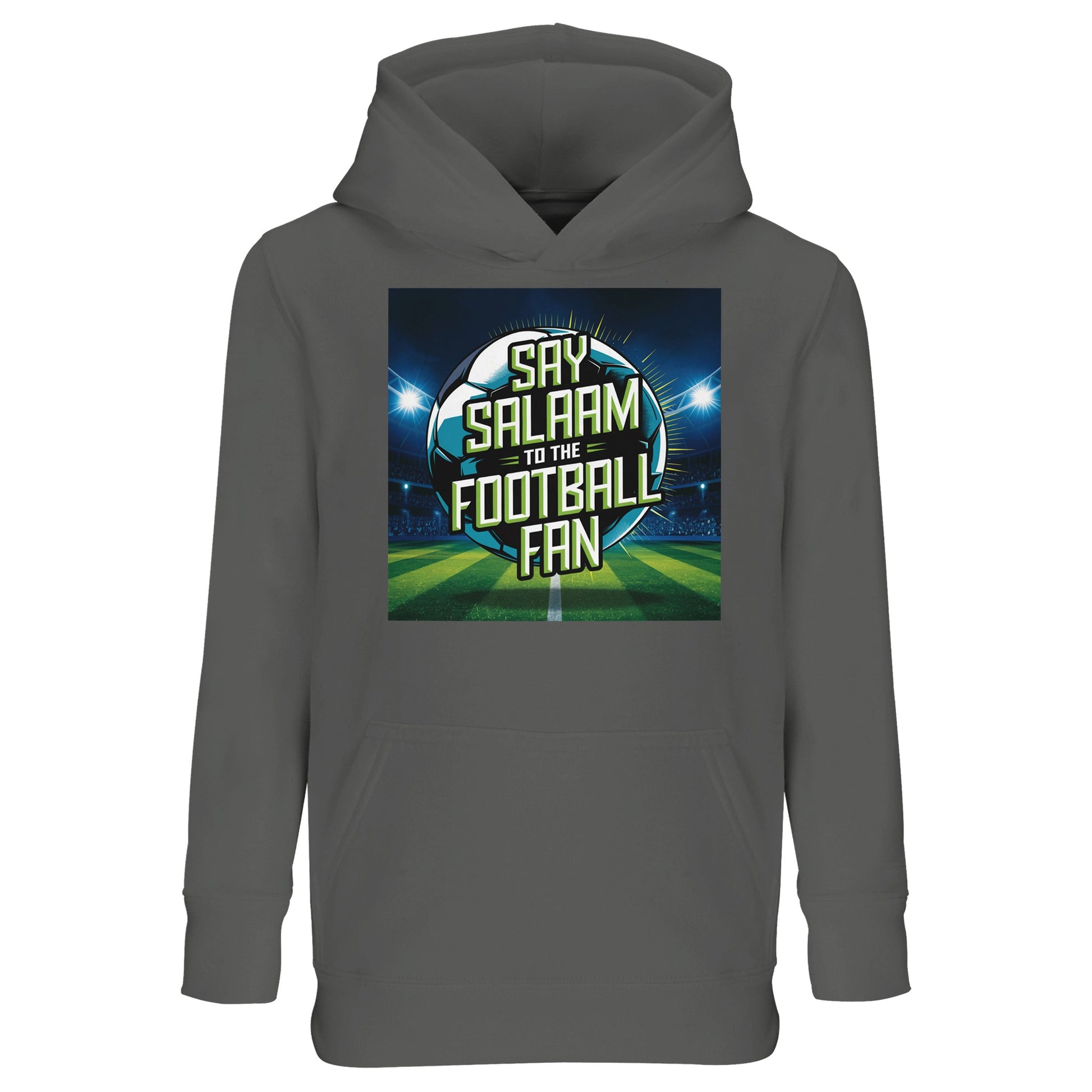 Say Salaam to the Football Fan Design #2 Part-Recycled Cotton-Poly Kids Hoodie – Grey Melange / Heather Grey / Marl Grey / Classic Athletic Grey Blend with stadium-light artwork and bold football text. A kids soccer fan hoodie for youngsters searching for FC hoodies, club gifts, Premier League teamwear and the best price. Perfect for checking fixtures, scores, goals and highlight reels. Not a replica kit — this warm hooded top suits school, kickabouts, stadium visits and getting tickets for match nights.