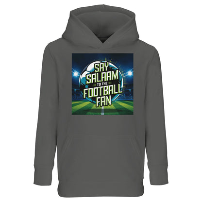 Say Salaam to the Football Fan Design #2 Part-Recycled Cotton-Poly Kids Hoodie – Grey Melange / Heather Grey / Marl Grey / Classic Athletic Grey Blend with stadium-light artwork and bold football text. A kids soccer fan hoodie for youngsters searching for FC hoodies, club gifts, Premier League teamwear and the best price. Perfect for checking fixtures, scores, goals and highlight reels. Not a replica kit — this warm hooded top suits school, kickabouts, stadium visits and getting tickets for match nights.
