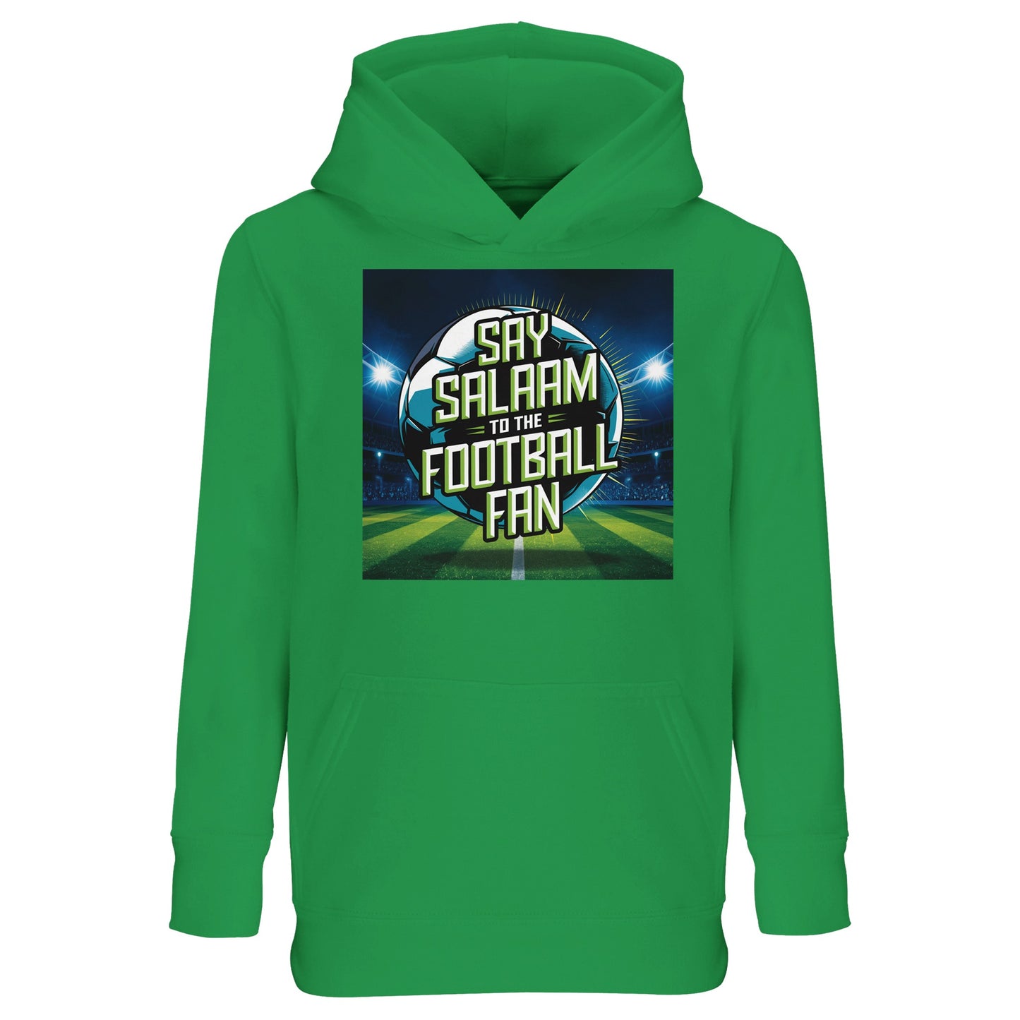Say Salaam to the Football Fan Design #2 Part-Recycled Cotton-Poly Kids Hoodie – Kelly Green / Bottle Green / Outer Space with bright pitch graphics and bold football text. A kids football fan hoodie for supporters searching for FC hoodies, Premier League merch, soccer gifts, club colours and good price options. Great for children who track fixtures, goals, scores and highlight clips. Not a replica kit — this warm hooded pullover suits kickabouts, stadium trips and ticket matches.