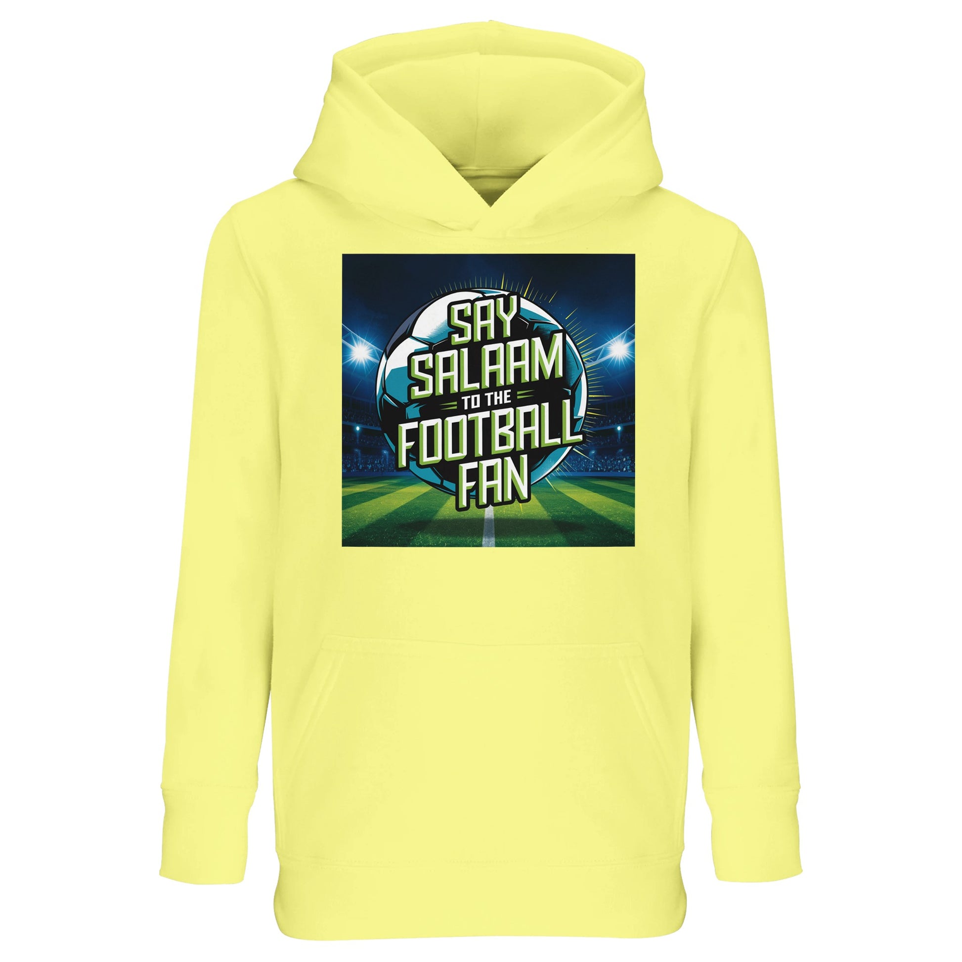 Say Salaam to the Football Fan Design #2 Part-Recycled Cotton-Poly Kids Hoodie – Light Yellow / Lemon Chiffon with glowing stadium-light design behind bold football text. A kids soccer hoodie for young supporters searching for new football hoodies, FC team merch, club gifts and strong fanwear. Ideal for kids who follow fixtures, scores, goals and highlight clips. Not a replica kit — this warm hoodie suits kickabouts, school days, stadium trips and ticket weekends.