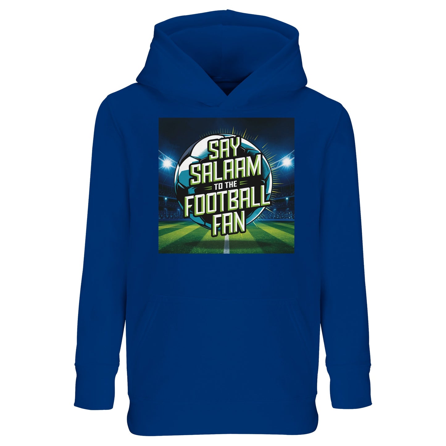 Say Salaam to the Football Fan Design #2 Part-Recycled Cotton-Poly Kids Hoodie – Royal Blue / Dark Midnight Blue with deep match-night tones and crisp football text. A kids football fan hoodie for supporters searching for FC merch, Premier League hoodies, soccer gifts, club fanwear and the best price. Great for checking fixtures, scores, goals and highlight clips. Not a replica kit — this warm hooded jumper suits school days, stadium trips, ticket matches and kickabouts.