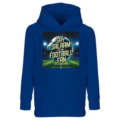 Say Salaam to the Football Fan Design #2 Part-Recycled Cotton-Poly Kids Hoodie – Royal Blue / Dark Midnight Blue with deep match-night tones and crisp football text. A kids football fan hoodie for supporters searching for FC merch, Premier League hoodies, soccer gifts, club fanwear and the best price. Great for checking fixtures, scores, goals and highlight clips. Not a replica kit — this warm hooded jumper suits school days, stadium trips, ticket matches and kickabouts.