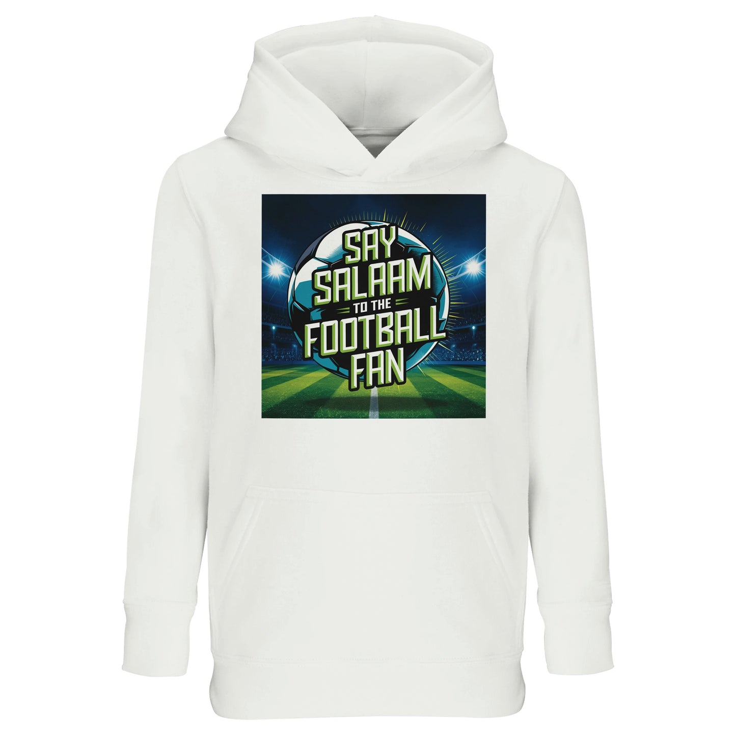 Say Salaam to the Football Fan Design #2 Part-Recycled Cotton-Poly Kids Hoodie – White / Platinum with bright stadium lighting behind the football-ball graphic. A kids soccer fan hoodie for young supporters searching for FC hoodies, Premier League teamwear, club gifts, football clothing and the best price. Perfect for kids who follow fixtures, scores, goals and highlight reels. Not a replica kit — this warm hoodie suits stadium days, kickabouts, ticket games and football weekends.