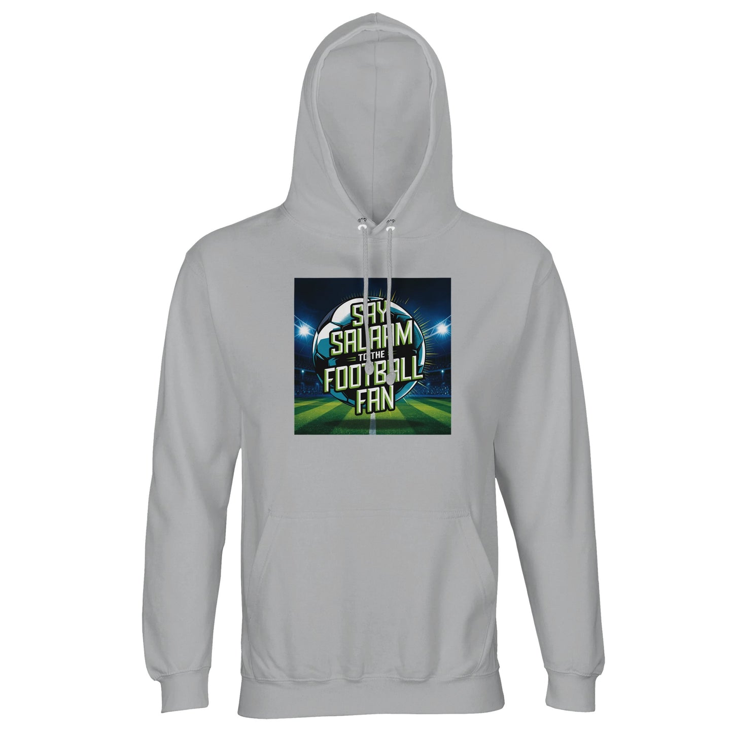 Ash / Silver Chalice Say Salaam to the Football Fan Design #2 unisex light hoodie featuring a clean, pale base that frames the floodlit football stadium artwork and bold Salaam lettering. The central pitch graphic, glowing lights, and modern typography create a strong matchday feel while remaining suitable for everyday modest wear. Designed as affordable Muslim clothing, this hoodie fits naturally into Islamic shop collections, offering good value, comfort, and clear faith-led expression for football fans.