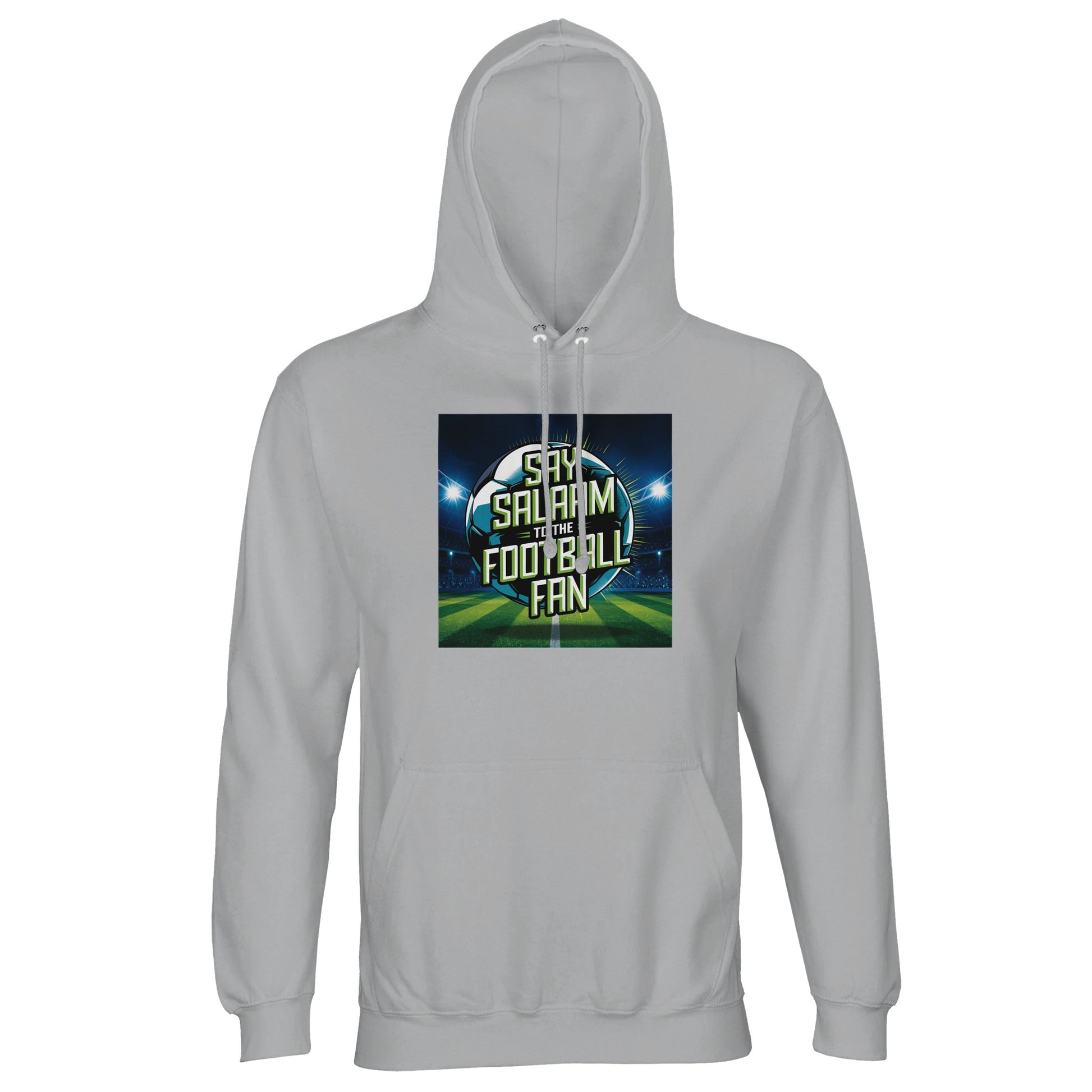 Ash / Silver Chalice Say Salaam to the Football Fan Design #2 unisex light hoodie featuring a clean, pale base that frames the floodlit football stadium artwork and bold Salaam lettering. The central pitch graphic, glowing lights, and modern typography create a strong matchday feel while remaining suitable for everyday modest wear. Designed as affordable Muslim clothing, this hoodie fits naturally into Islamic shop collections, offering good value, comfort, and clear faith-led expression for football fans.