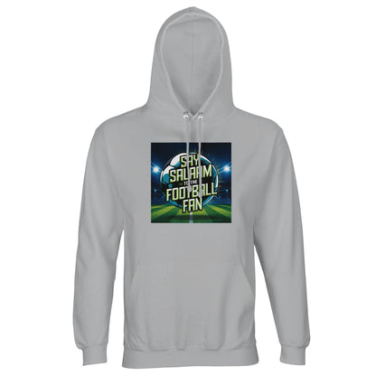 Ash / Silver Chalice Say Salaam to the Football Fan Design #2 unisex light hoodie featuring a clean, pale base that frames the floodlit football stadium artwork and bold Salaam lettering. The central pitch graphic, glowing lights, and modern typography create a strong matchday feel while remaining suitable for everyday modest wear. Designed as affordable Muslim clothing, this hoodie fits naturally into Islamic shop collections, offering good value, comfort, and clear faith-led expression for football fans.