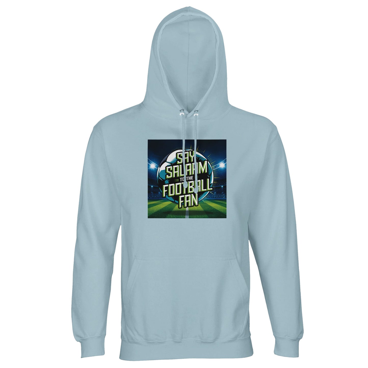 Creamy Blue / Marble Blue / Blue-Grey / Waikawa Grey Say Salaam to the Football Fan Design #2 unisex light hoodie combining a muted blue-grey palette with a vibrant football pitch illustration and glowing Salaam lettering. The softer colour keeps the design wearable across seasons while still celebrating matchday energy. Ideal for modest wear and Islamic shop ranges, this hoodie offers affordable Muslim clothing with strong football culture cues and everyday appeal.