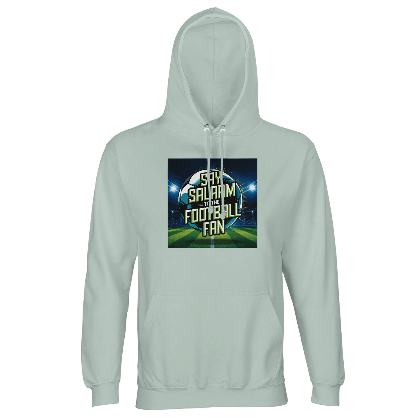 Creamy Green / Greenish Grey Say Salaam to the Football Fan Design #2 unisex light hoodie pairing a subtle green tone with a floodlit stadium scene and bold Islamic Salaam text. The pitch graphic brings movement and atmosphere, while the colour keeps the look understated and modest. Designed for fanatical Muslim clothing buyers, this good-price hoodie blends faith-led messaging, football passion, and relaxed daily wear. This is what Muslims wear.