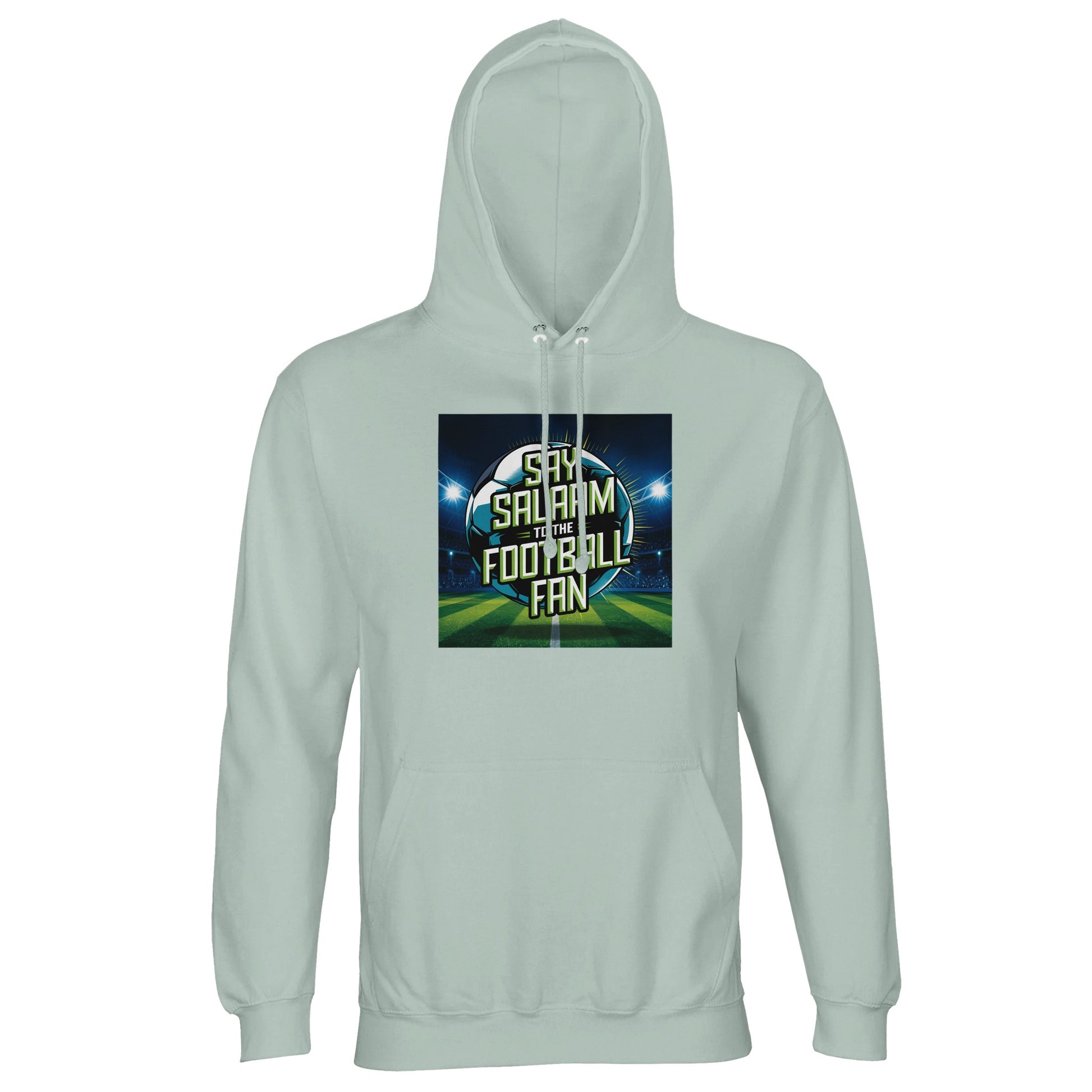 Creamy Green / Greenish Grey Say Salaam to the Football Fan Design #2 unisex light hoodie pairing a subtle green tone with a floodlit stadium scene and bold Islamic Salaam text. The pitch graphic brings movement and atmosphere, while the colour keeps the look understated and modest. Designed for fanatical Muslim clothing buyers, this good-price hoodie blends faith-led messaging, football passion, and relaxed daily wear. This is what Muslims wear.