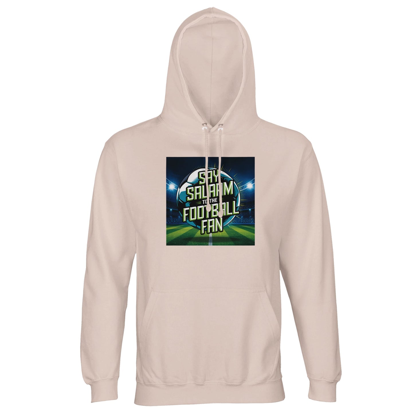 Creamy Pink / Oyster Pink Say Salaam to the Football Fan Design #2 unisex light hoodie using a soft pastel base that contrasts gently with the dramatic football stadium artwork and Salaam typography. The design feels expressive without being loud, making it suitable for modest apparel collections. Offered as affordable Muslim clothing, this hoodie fits naturally into Islamic shop line-ups focused on comfort, identity, and everyday football culture.
