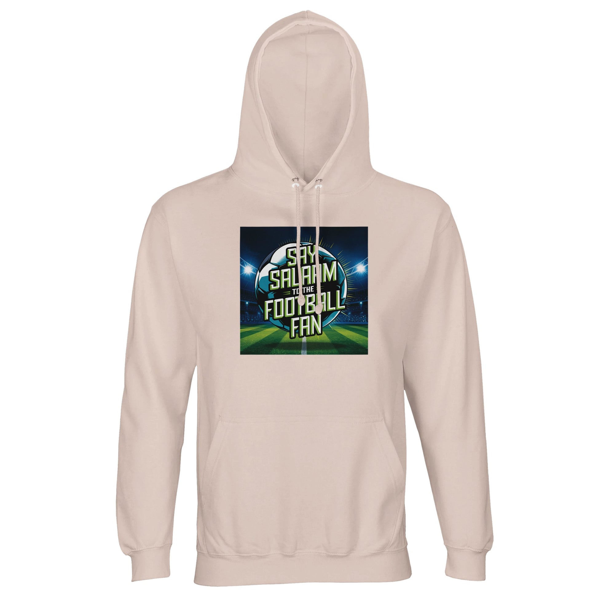 Creamy Pink / Oyster Pink Say Salaam to the Football Fan Design #2 unisex light hoodie using a soft pastel base that contrasts gently with the dramatic football stadium artwork and Salaam typography. The design feels expressive without being loud, making it suitable for modest apparel collections. Offered as affordable Muslim clothing, this hoodie fits naturally into Islamic shop line-ups focused on comfort, identity, and everyday football culture.