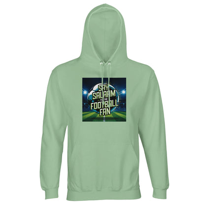 Frozen Green / Opal Say Salaam to the Football Fan Design #2 unisex light hoodie featuring a cool green shade that works seamlessly with the glowing pitch lines and night-match stadium visuals. The Salaam message sits confidently at the centre, tying faith and football together. Built for modest wear and Muslim clothing ranges, this hoodie delivers good value, comfort, and Islamic cultural expression in a sport-driven design.