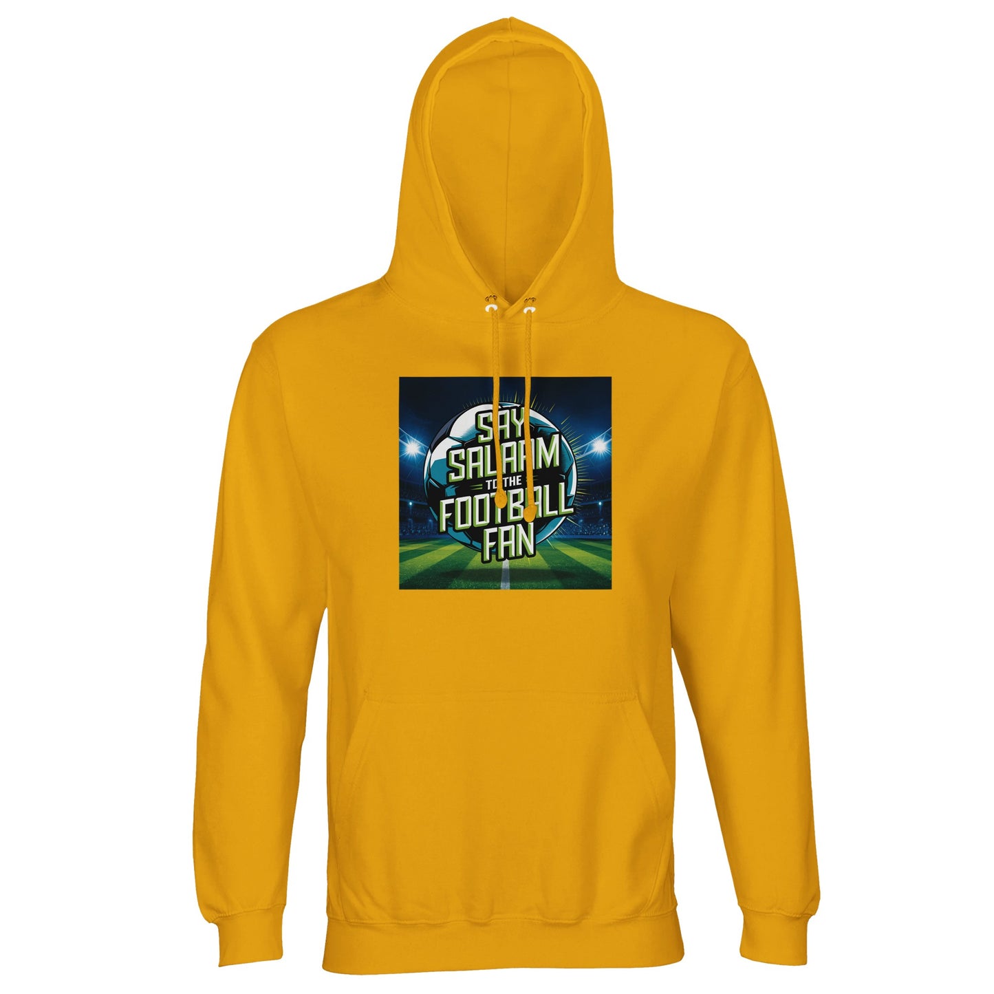 Gold / Gamboge Say Salaam to the Football Fan Design #2 unisex light hoodie using a warm golden tone that enhances the illuminated football pitch design and layered Salaam text. The stadium scene adds energy and atmosphere, while the colour keeps the piece wearable and distinctive. Positioned as modest apparel at a good price, this hoodie suits Muslim clothing buyers looking for Islamic shop staples that balance faith, football culture, and everyday street-ready comfort.