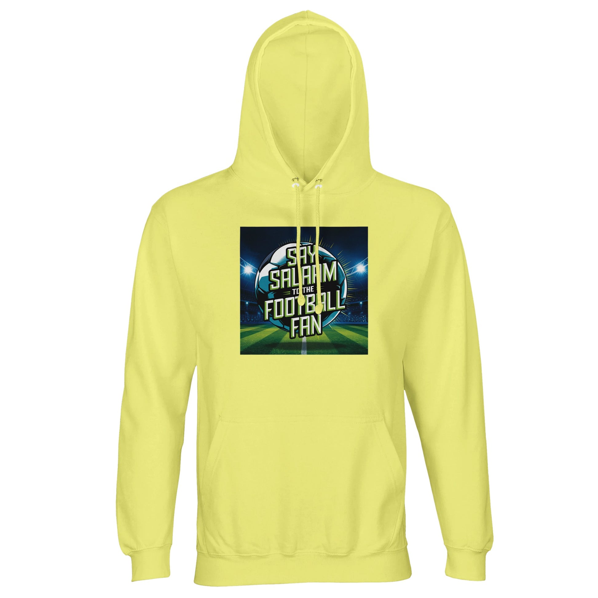 Light Yellow / Lemon Chiffon Say Salaam to the Football Fan Design #2 unisex light hoodie presenting a soft, bright shade that lifts the football stadium graphic and glowing Salaam typography. The pitch-side imagery feels lively without overpowering the garment, making it ideal for modest wear and casual layering. Designed for Muslim clothing ranges and Islamic shops, this good-value hoodie connects football fandom, faith identity, and relaxed everyday style.