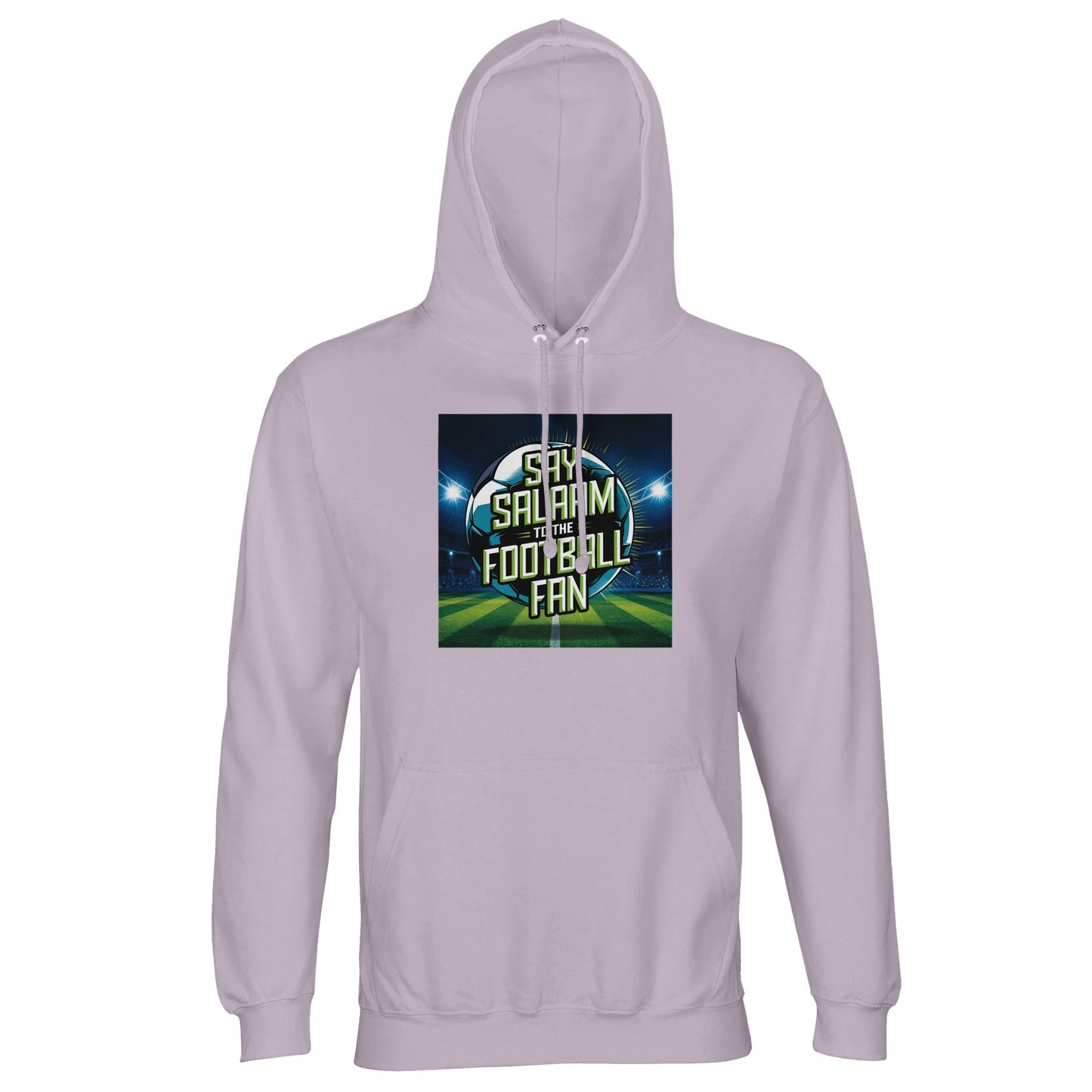 Lilak / Lilac / Wisteria Purple Say Salaam to the Football Fan Design #2 unisex light hoodie showcasing a gentle purple tone that offsets the bold stadium lights, football graphic, and Salaam lettering. The balance of colour and design keeps it wearable while still distinctive. A solid option for Islamic shops, this modest hoodie offers affordable Muslim fashion rooted in football fandom and everyday lifestyle use.