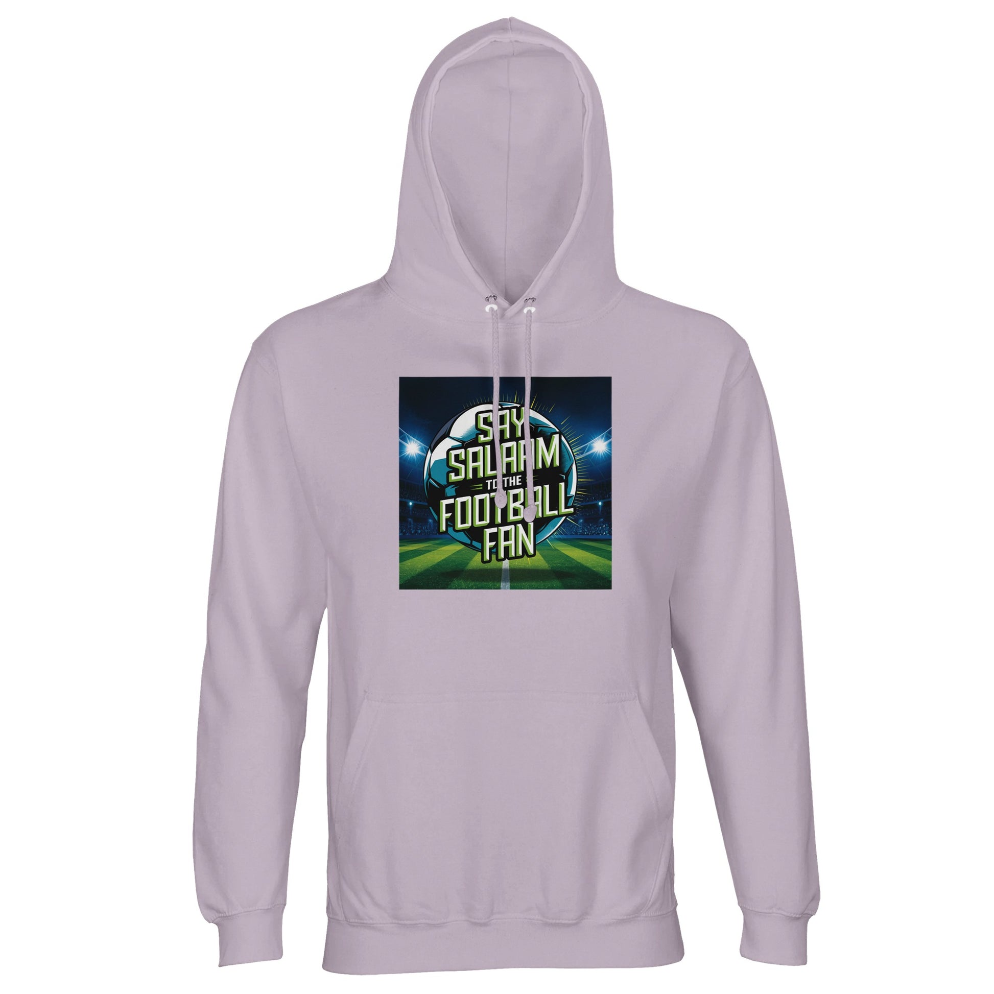 Lilak / Lilac / Wisteria Purple Say Salaam to the Football Fan Design #2 unisex light hoodie showcasing a gentle purple tone that offsets the bold stadium lights, football graphic, and Salaam lettering. The balance of colour and design keeps it wearable while still distinctive. A solid option for Islamic shops, this modest hoodie offers affordable Muslim fashion rooted in football fandom and everyday lifestyle use.