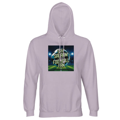 Lilak / Lilac / Wisteria Purple Say Salaam to the Football Fan Design #2 unisex light hoodie showcasing a gentle purple tone that offsets the bold stadium lights, football graphic, and Salaam lettering. The balance of colour and design keeps it wearable while still distinctive. A solid option for Islamic shops, this modest hoodie offers affordable Muslim fashion rooted in football fandom and everyday lifestyle use.