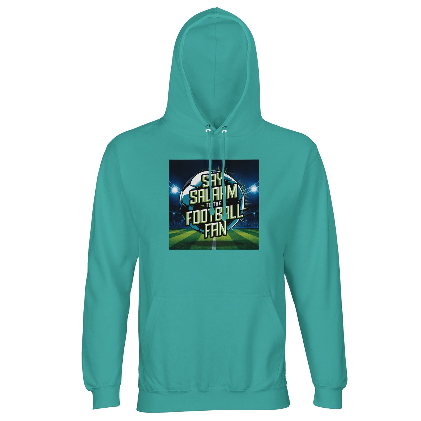 Pool Blue / Light Sea Green Say Salaam to the Football Fan Design #2 unisex light hoodie combining a fresh blue-green shade with a high-energy football pitch illustration and illuminated Salaam text. The stadium backdrop adds depth and movement, making it feel alive on matchdays and beyond. Designed for Muslim clothing collections, this hoodie delivers good price value, modest winter wear comfort, and clear Islamic identity through sport. This is what Muslims wear.