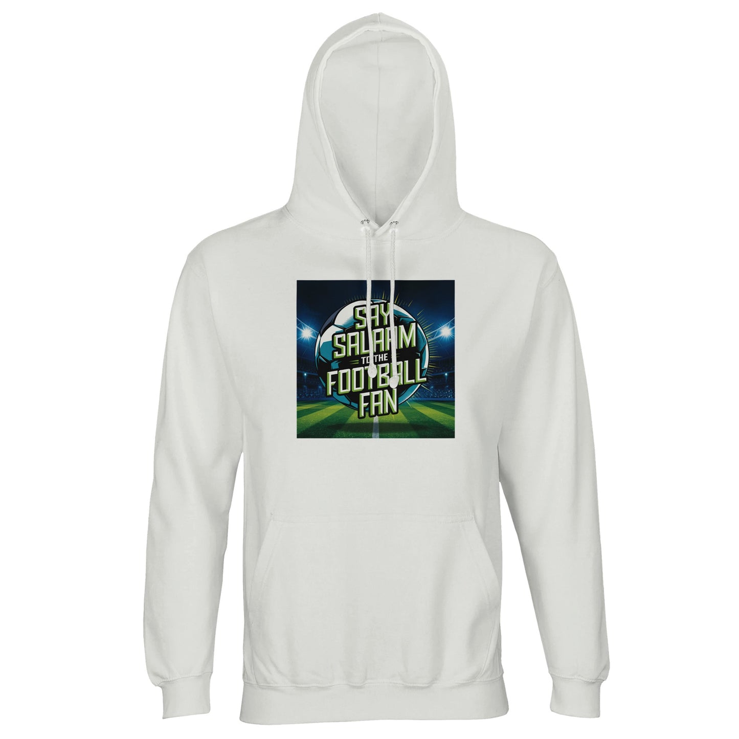 White / Platinum Say Salaam to the Football Fan Design #2 unisex light hoodie offering a crisp backdrop that sharply defines the football ground illustration, floodlights, and bold Salaam message. The clean base keeps the design versatile while maintaining strong visual impact. Created as affordable modest apparel, this hooded sweatshirt suits Islamic shop audiences seeking Muslim clothing that reflects faith, football loyalty, and practical everyday wear at a sensible price.