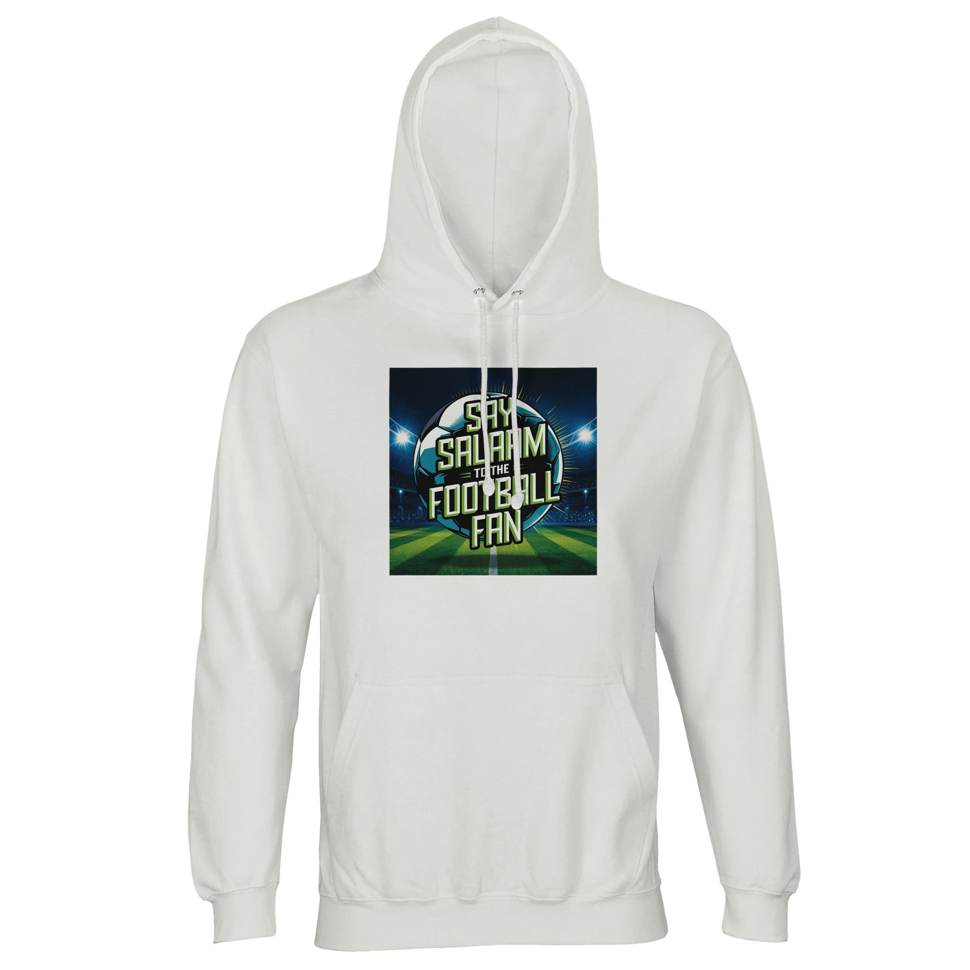 White / Platinum Say Salaam to the Football Fan Design #2 unisex light hoodie offering a crisp backdrop that sharply defines the football ground illustration, floodlights, and bold Salaam message. The clean base keeps the design versatile while maintaining strong visual impact. Created as affordable modest apparel, this hooded sweatshirt suits Islamic shop audiences seeking Muslim clothing that reflects faith, football loyalty, and practical everyday wear at a sensible price.
