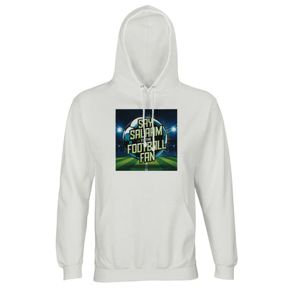White / Platinum Say Salaam to the Football Fan Design #2 unisex light hoodie offering a crisp backdrop that sharply defines the football ground illustration, floodlights, and bold Salaam message. The clean base keeps the design versatile while maintaining strong visual impact. Created as affordable modest apparel, this hooded sweatshirt suits Islamic shop audiences seeking Muslim clothing that reflects faith, football loyalty, and practical everyday wear at a sensible price.