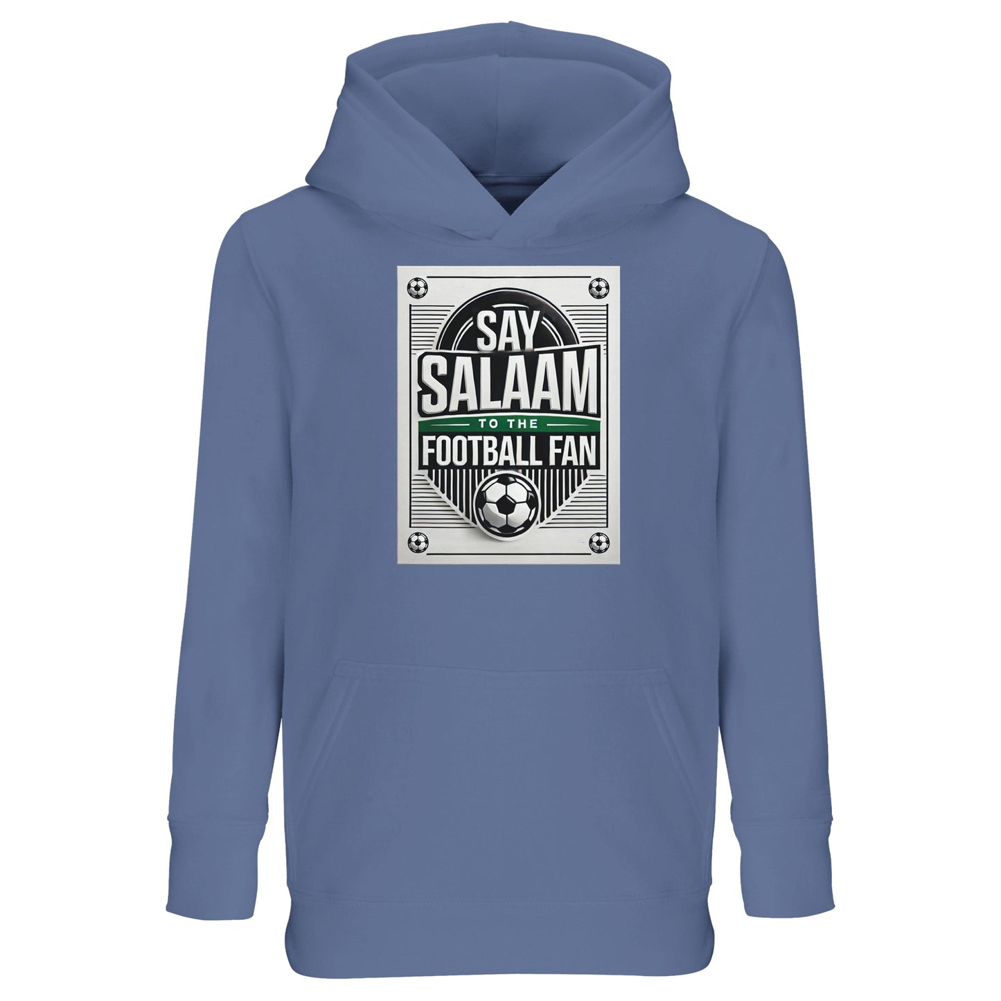 Blue / Marble Blue / Blue-Grey / Waikawa Grey Say Salaam to the Football Fan Design #3 kids hoodie featuring a calm blue tone that softens the retro football badge print and Islamic Salaam wording. The colour depth keeps the design versatile for daily wear. Constructed from a cotton and recycled polyester blend with brushed fleece lining, it provides comfort without bulk at a good, family-friendly price. Suitable for young Muslim football supporters loving understated colours with cultural meaning.
